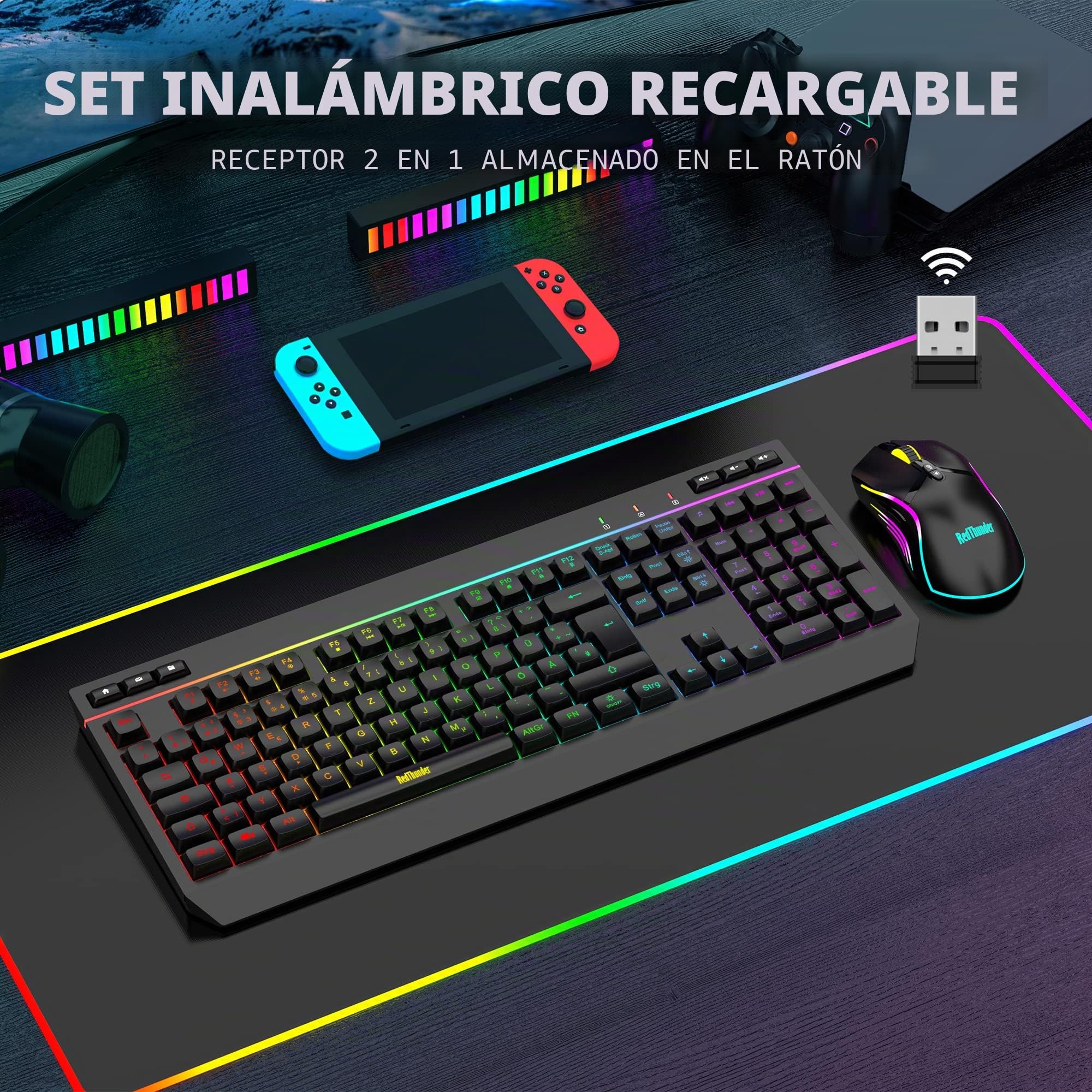 RedThunder K20 Juego de teclado y ratón inalámbricos para gaming, diseño QWERTZ DE, retroiluminación RGB + teclas de función multimedia, ratón inalámbrico de 4800 ppp para PC, Mac, portátil (negro)