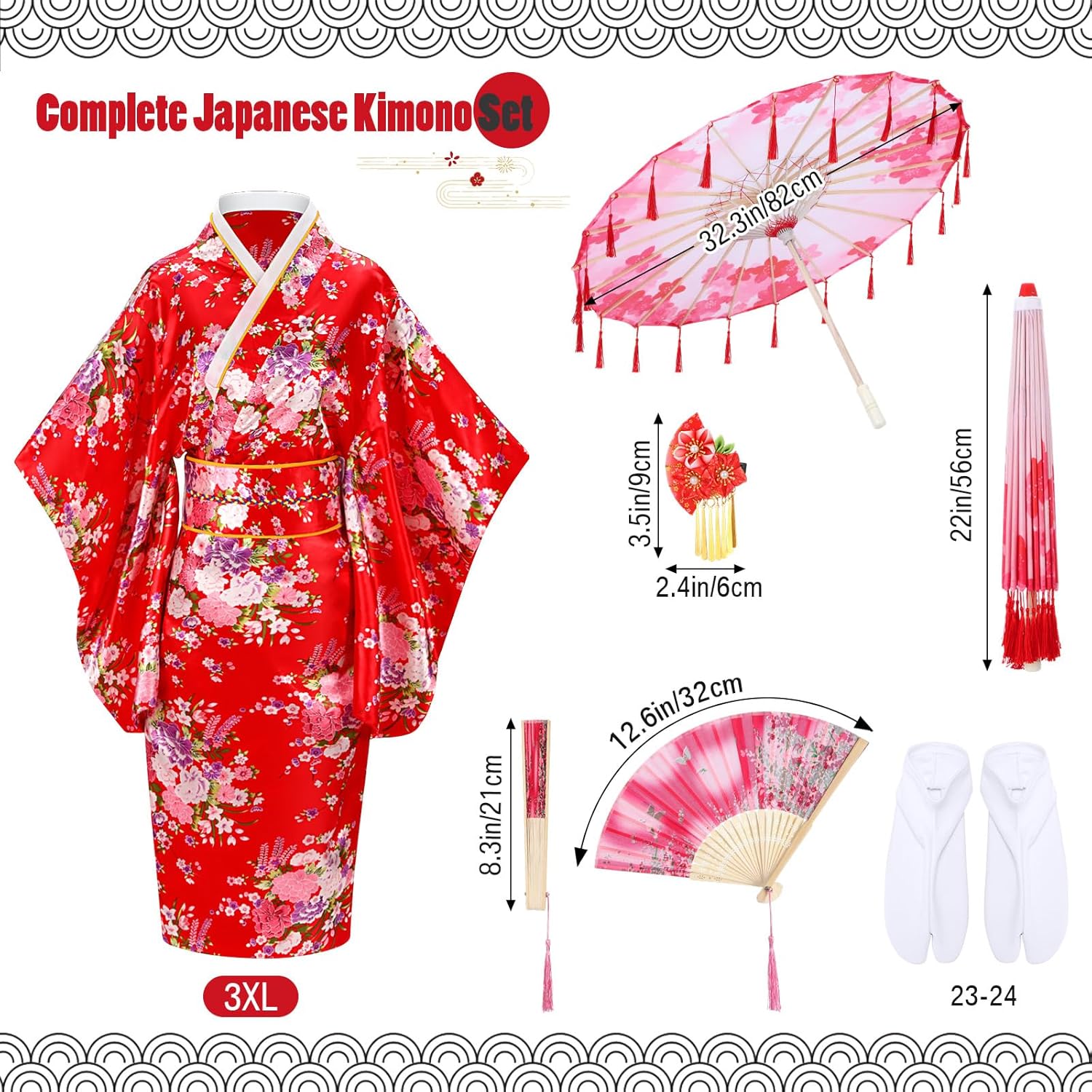 Red Japanese Kimono Robe for Women Floral Sakura Satin Geisha Yukata Dress Accessories with Umbrella - Image 2