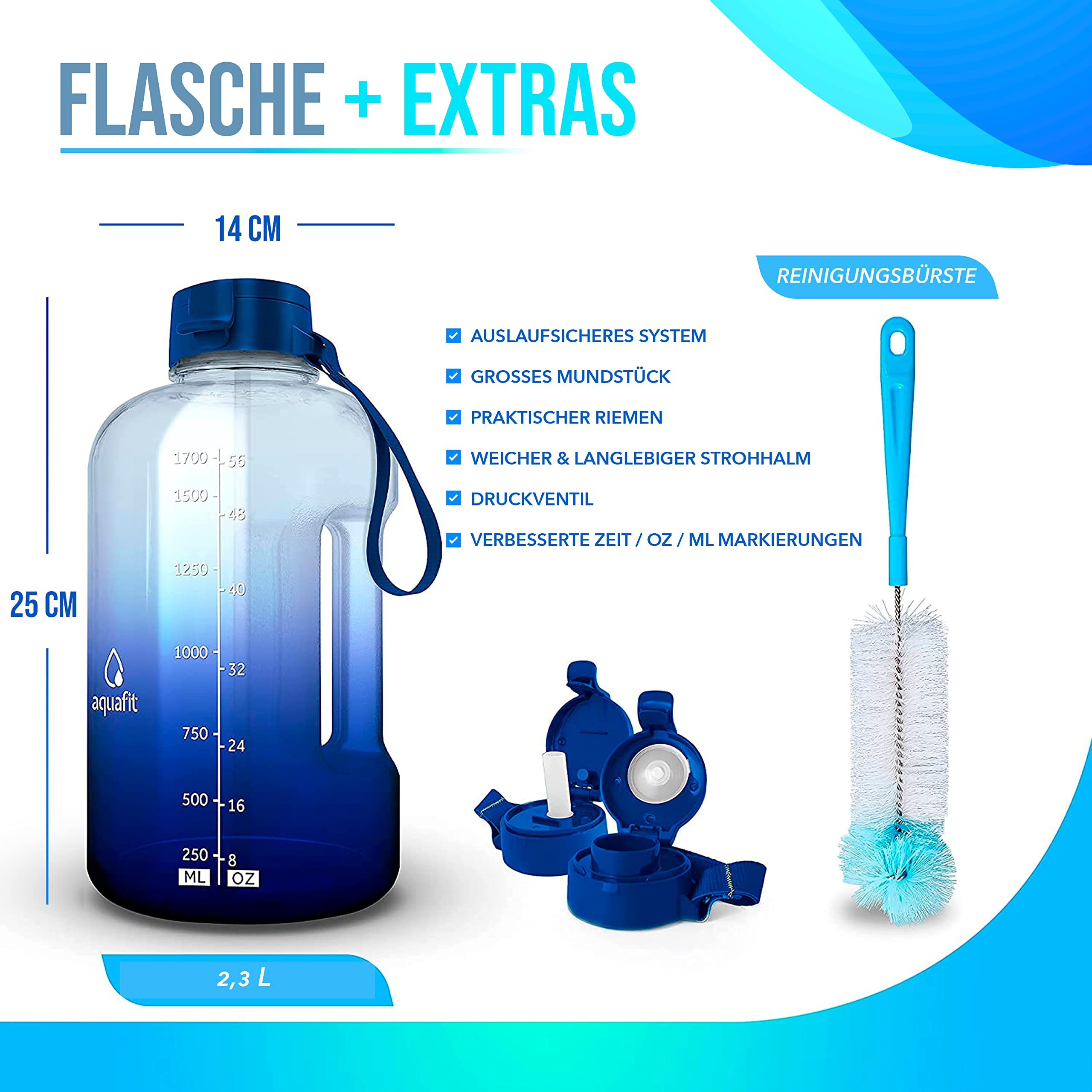 AQUAFIT Trinkflasche 2,3 Liter mit Strohhalm - Halbe Gallone Trinkflasche - Trinkflasche Fitness mit Zeit Markierungen - Großer Water Jug Trainingsflasche für Sport | BPA-freie Wasserflasche mit Strohhalm und Trinkdeckeln – auslaufsichere Fitness-Wasserfl
