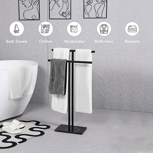 Miniatura 2 de Toallero independiente para baño - Acabado negro mate - Toallero de acero inoxidable de 2 niveles para piso de baño con base de mármol pesado -