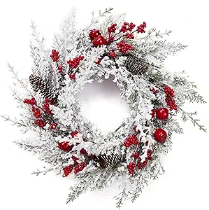 GAOMON 18 Inch Artificial Christmas Wreaths for Front Door, Snow Flocked Christmas Wreath with Red Berry, Little Red Apples and Pine Cones for Xmas Hanging Decorations Indoor Outside Decor