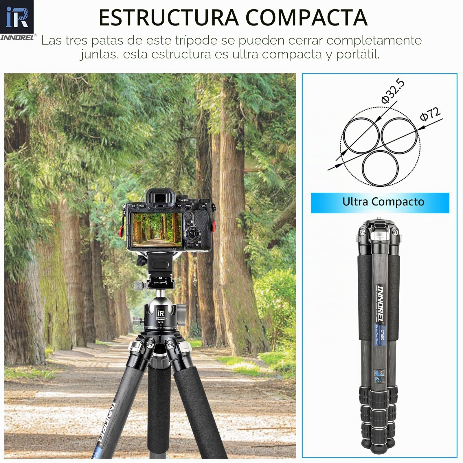 Trípode de Fibra de Carbono-INNOREL CT85C Sin Cabezal Trípode de Viaje portátil súper Profesional para cámara DSLR Tubo de 32 mm Carga máxima 25 kg con Columna Central Corta