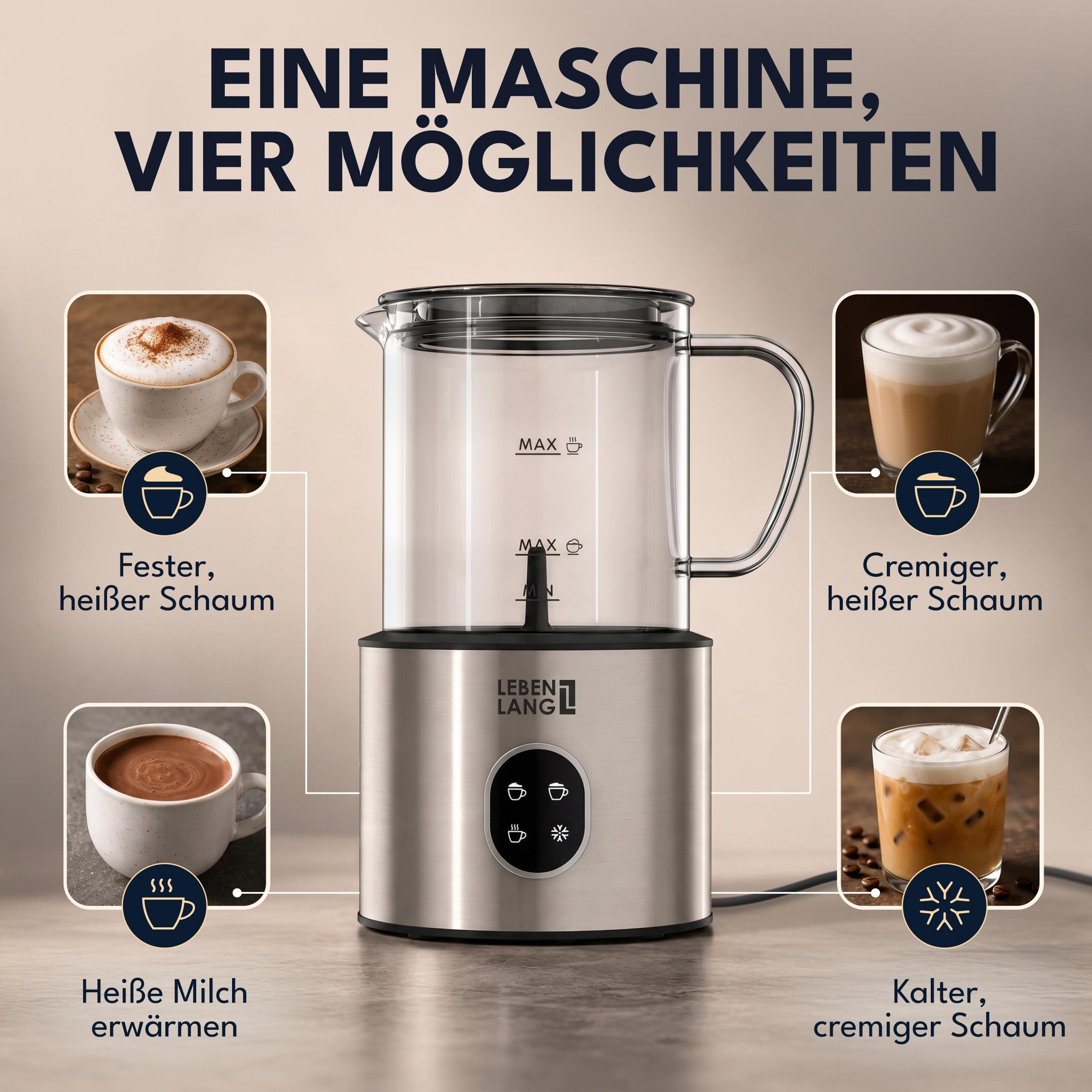 LEBENLANG Milchaufschäumer Glas - 100% BPA-Frei, XXL 500ml & 600W I Abnehmbarer Behälter Spülmaschinenfest Inkl. 2x Ersatzschäumer I Elektrischer Milchaufschäumer elektrisch Milchschäumer elektrisch