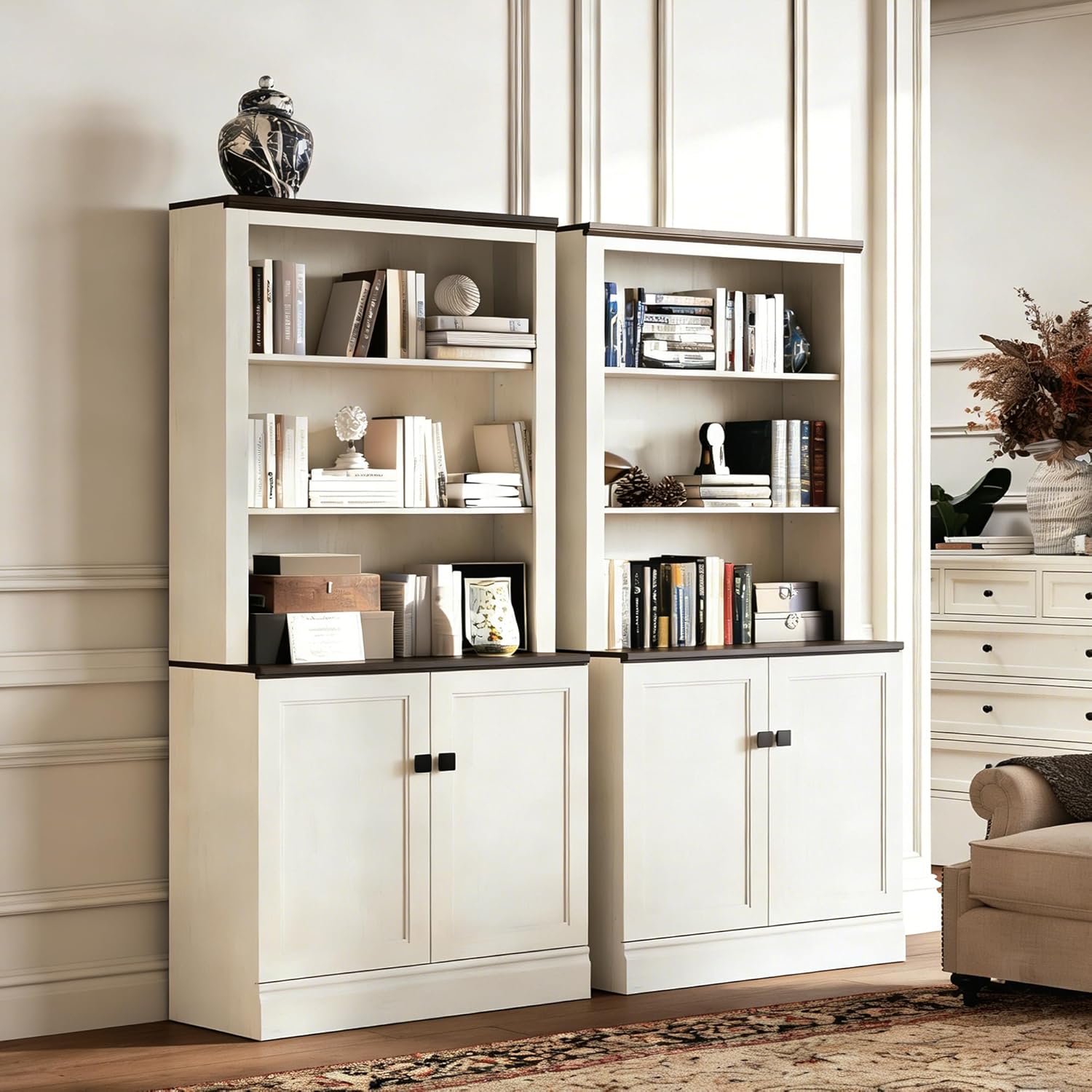 72 in Tall Bookshelf 5 Tier Bookcase with Adjustable Shelves, Oak Book Shelf with Storage Cabinet, Wood Freestanding Display Bookshelves for Home Office，Bedroom, Living Room