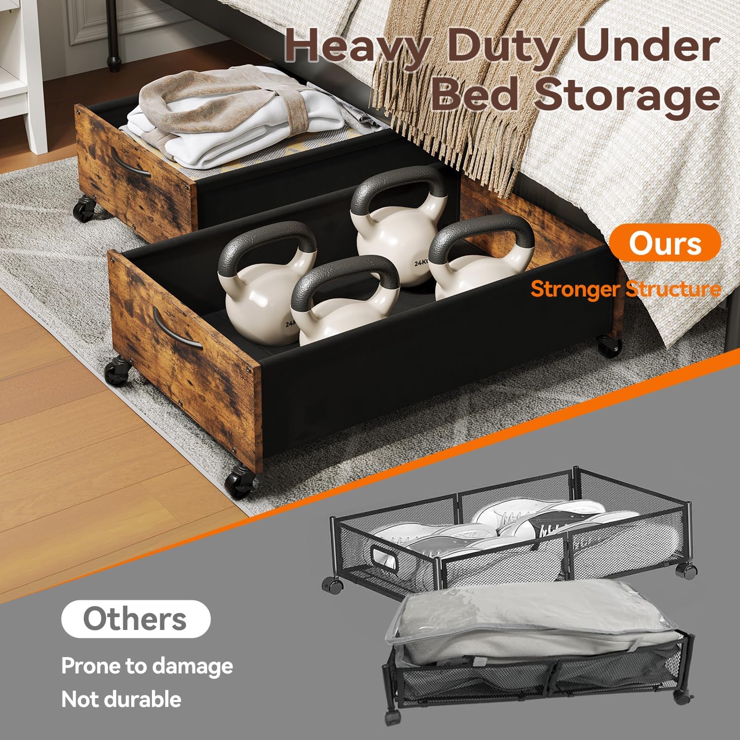 Under Bed Storage with Wheels, Under Bed Storage Drawers on Wheels, Metal Frame Under Bed Shoe Storage, Space-Saving for Bedroom Closet Organization
