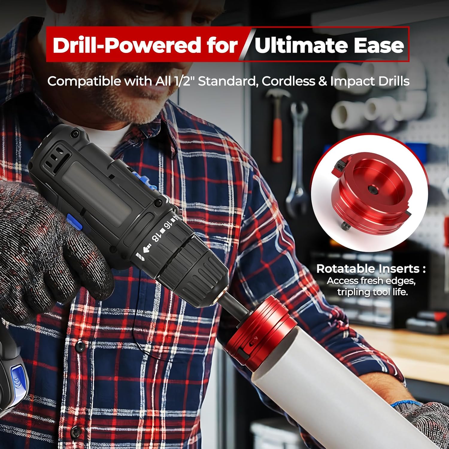 Double Blade PVC Pipe Reamer Kit 1/2", 3/4'', 1'', 1-1/4", 1-1/2'', 2'', 3'', 4'', Plastic Pipe Fitting Reamer Socket Saver Plumbing Tool into Standard 1/2" Drills - Fits PVC, SCH40, ABS, CPVC, 8PCS