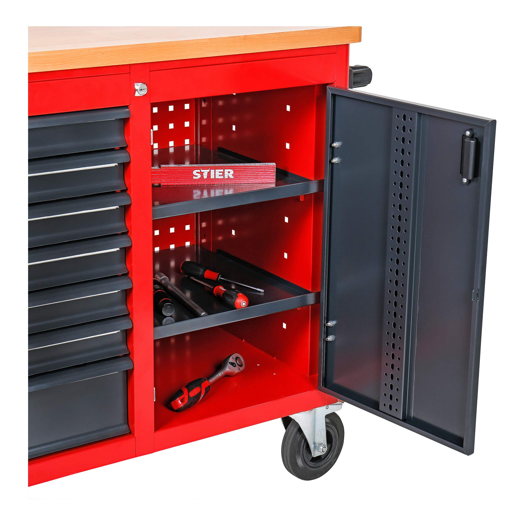 STIER Fahrbare Werkbank, mit 7 Schubladen und Tür, 925x1120x520 mm, in Dunkelgrau
