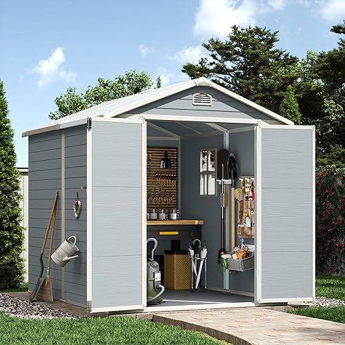 Aoxun 6 x 8 FT Outdoor Storage Shed with Window, Resin Shed with Floor & Lockable Doors, Garden Shed Waterproof Plastic Tool Shed with Sloped Roof for Backyard, Garden, Patio, Lawn, Grey