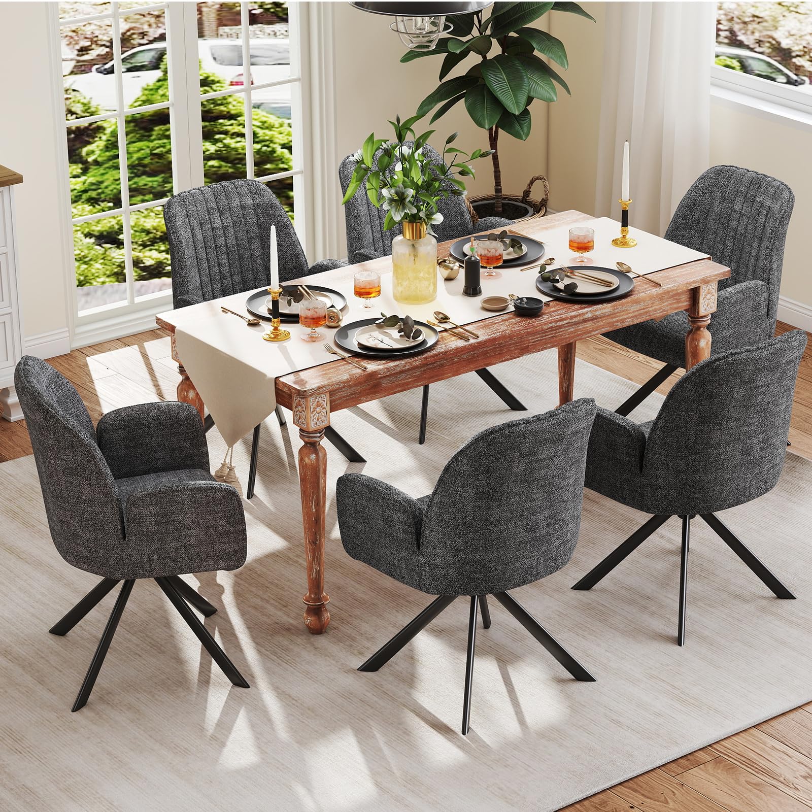 2er Set Esszimmerstühle Drehbar mit Armlehne, 360°Drehbar Polsterstuhl Küchenstuhl aus Chenille, Stühle Esszimmer Schminkstuhl Drehstuhl mit Metallbeine für Esszimmer Schlafzimmer, Dunkelgrau