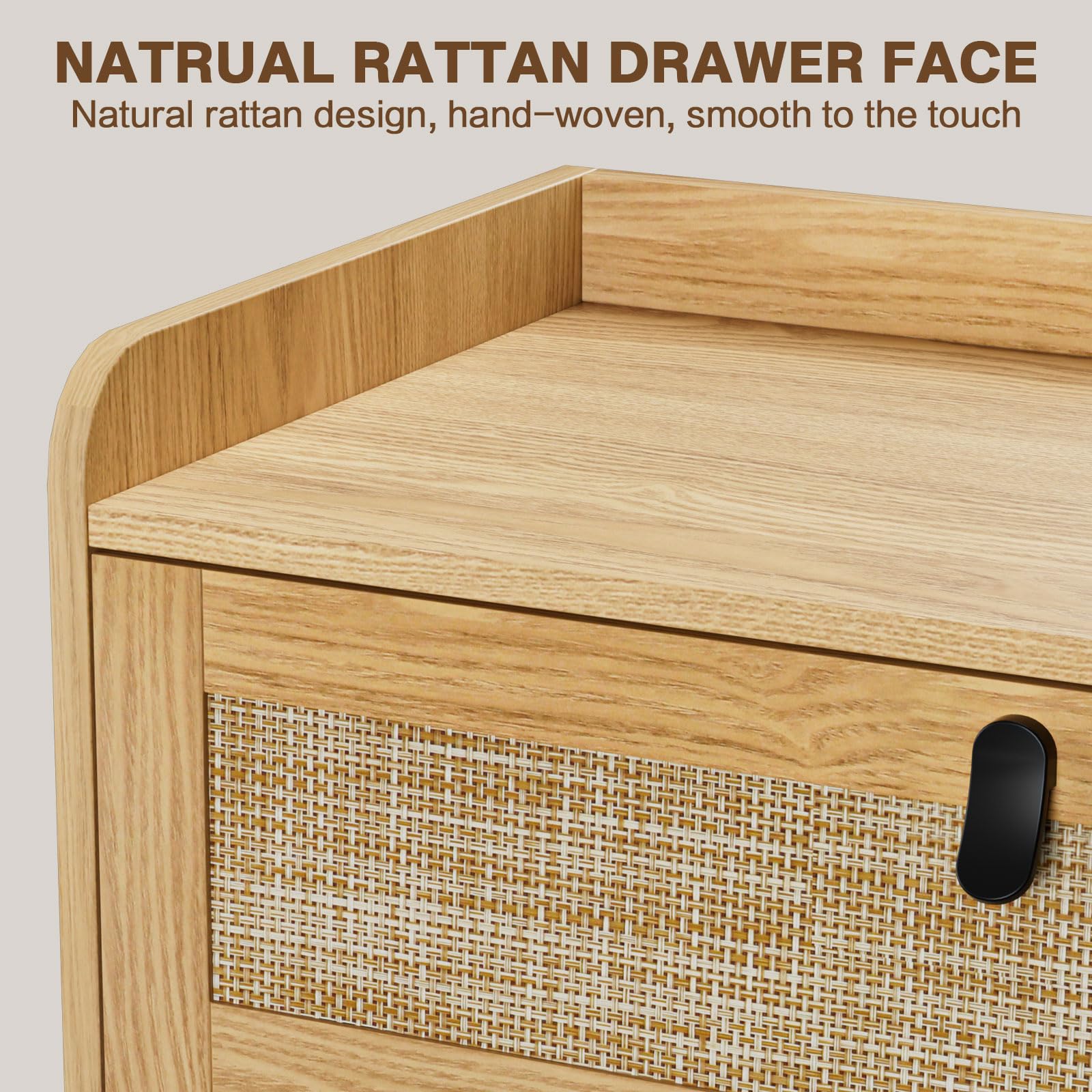 Knowlife 3 Drawer Rattan Dresser for Bedroom, Chest of Drawer, 3 Drawer Dresser, Modern Wood Dresser with Natural Rattan Drawer for Entryway, Living Room, Closet