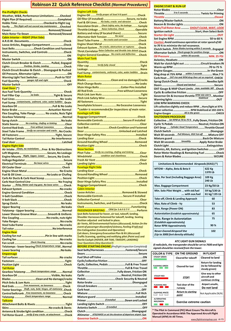 FTS Robinson 22 Helicopter Quick Reference Checklist (QRC- 8 x 11.5 in)
