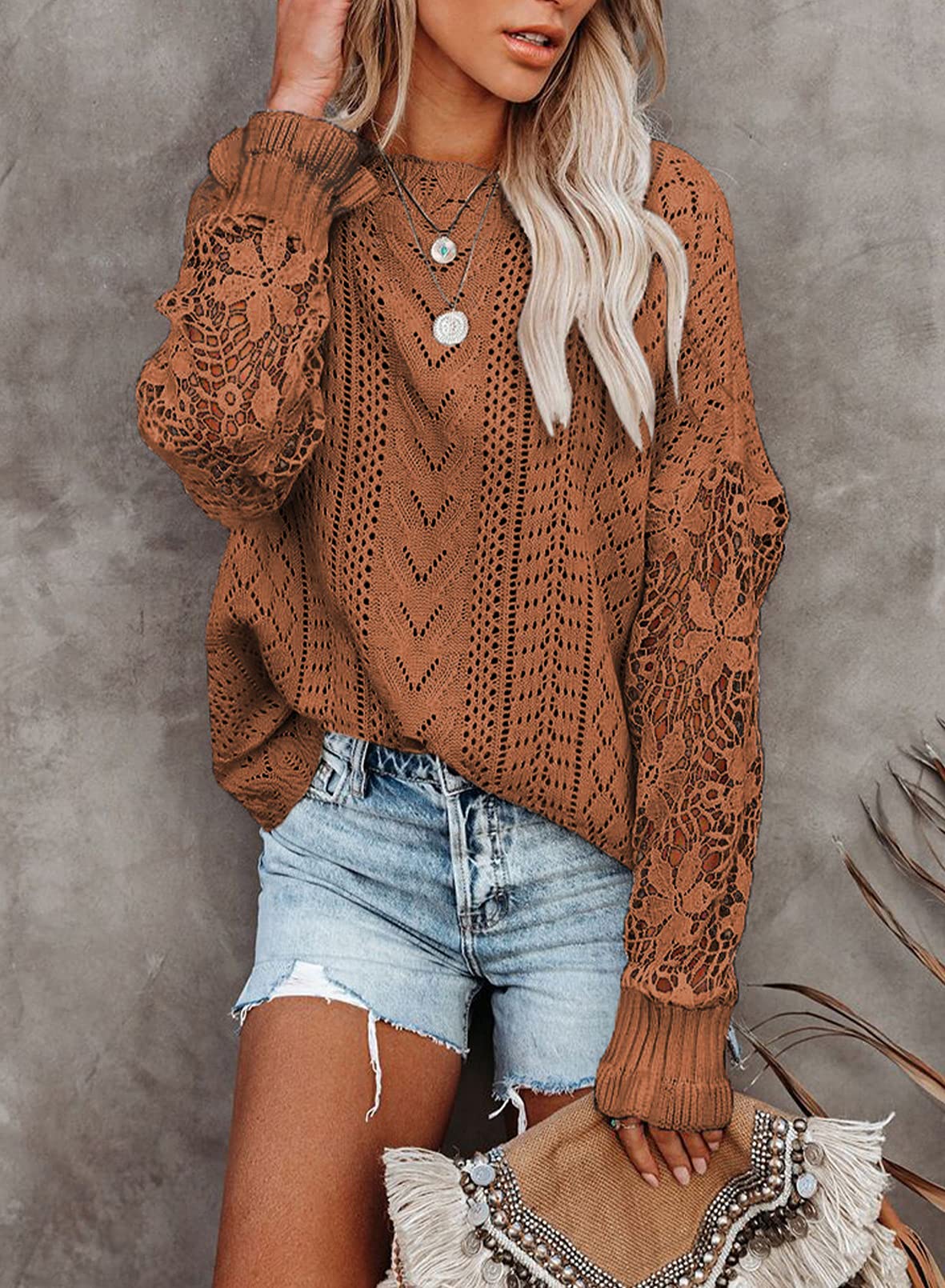 Strickpullover Damen mit Fledermausärmel aus Spitze, Rundhals Einfarbig Häkelpullover