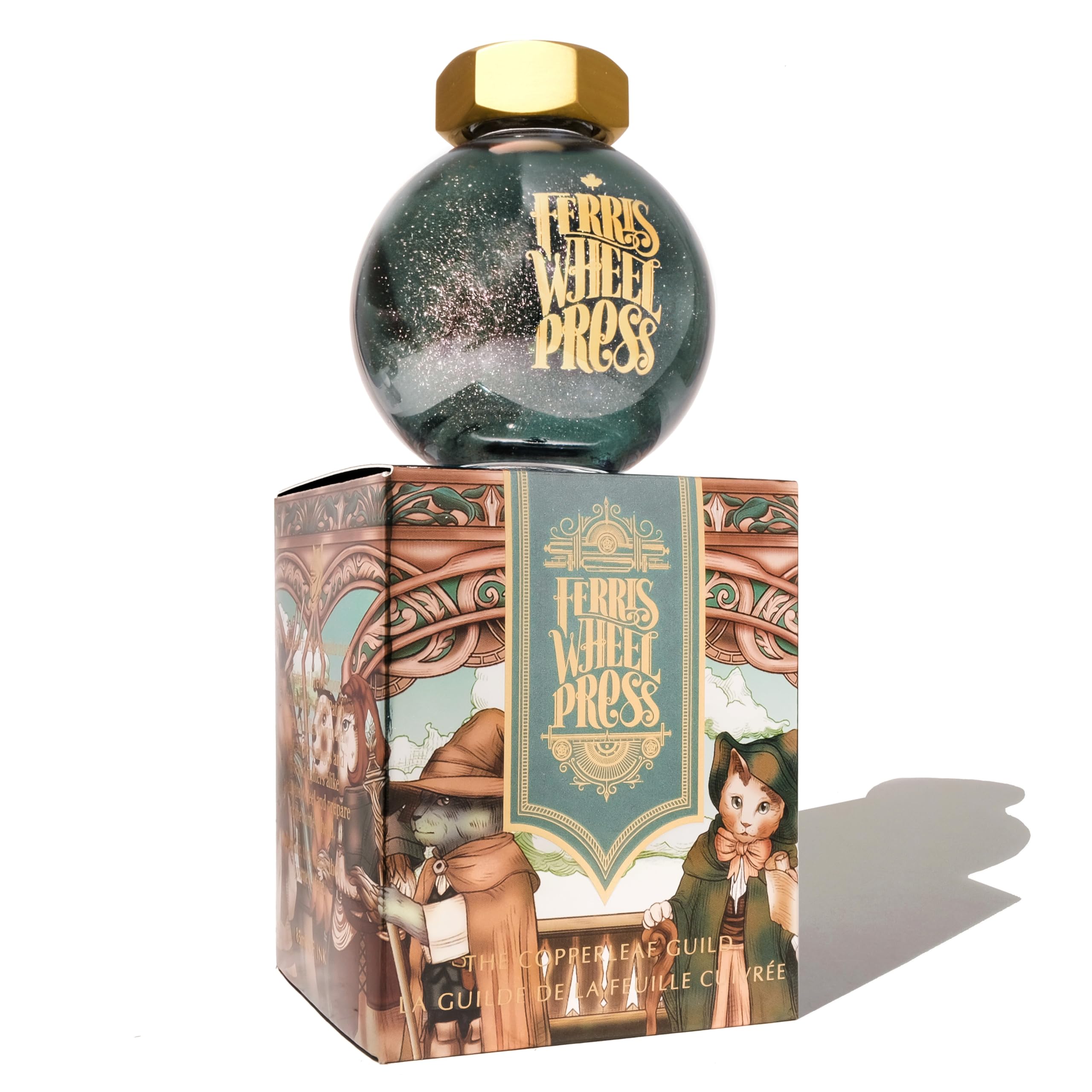 Ferris Wheel Press Ink, Ferritales Collection, The Copperleaf Guild, Emerald Green with Copper Shimmer, 85ml Fountain Pen Ink Bottle — image 1