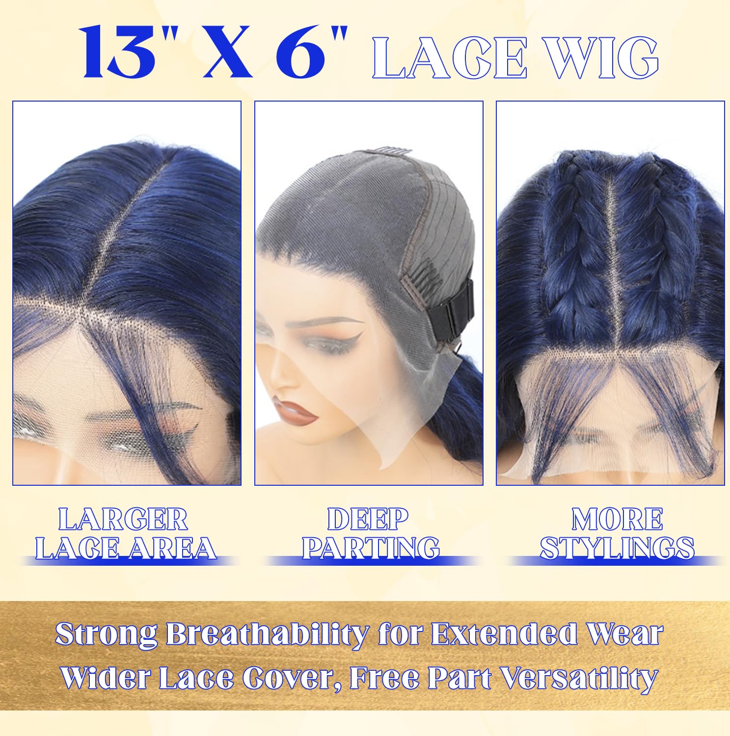 Dark Blue Colored 13x6 Lace Front Wigs Human Hair Body Wave 200 Density 24 Inch Long 13x6 Ear to Ear Pre Plucked Bleached Knots Lace Frontal Wig 12A Brazilian 100% Human Hair Wigs for Women