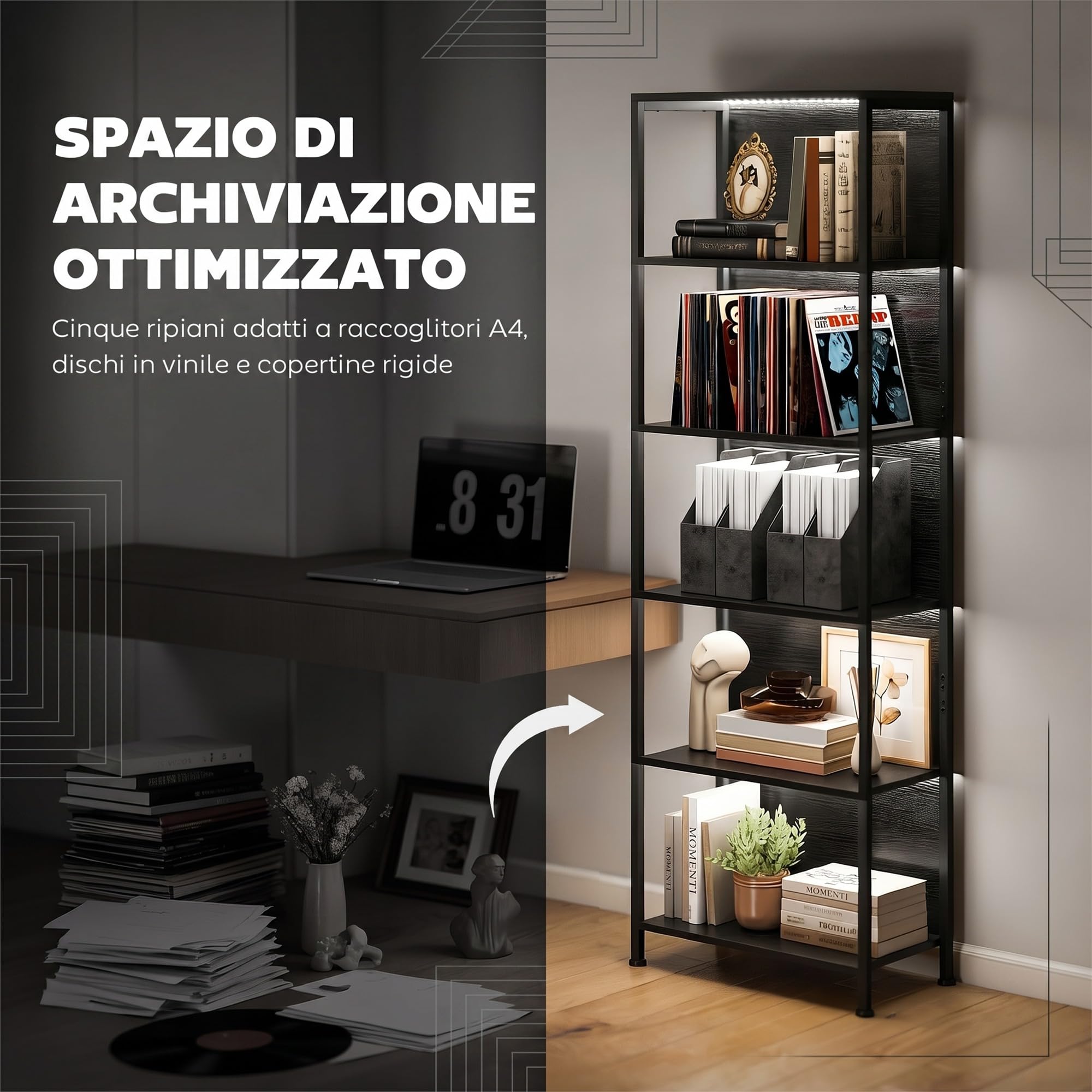 HOMCOM Libreria Scaffale a 5 Ripiani con Luci LED 60x30x179 cm Nero