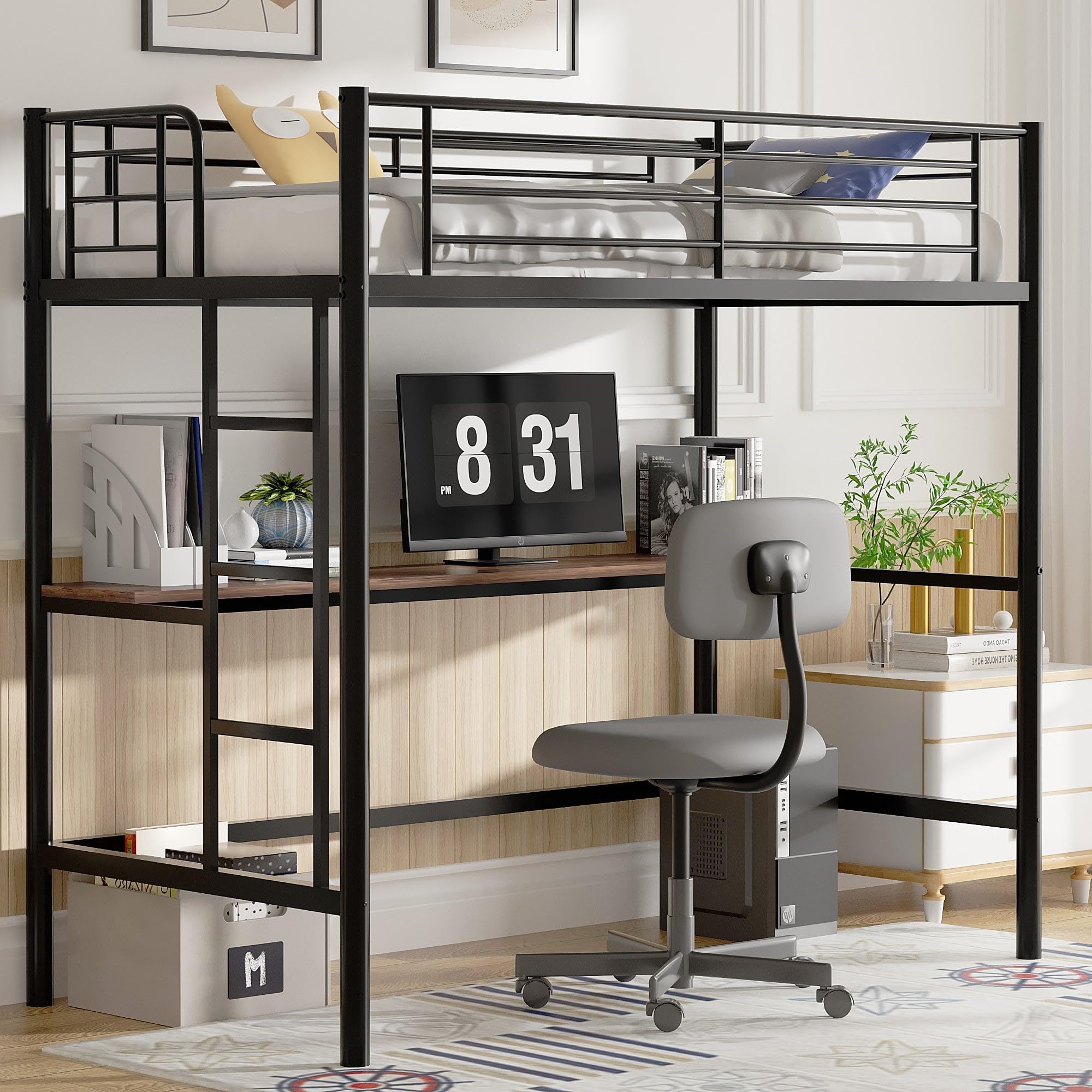 VECELO Loft Bunk Bed with Desk, High Sleeper Bedframe 90×190cm with Removable Ladder and Safety Guardrail, Space-Saving, Noise Free, No Box Spring Needed, Black