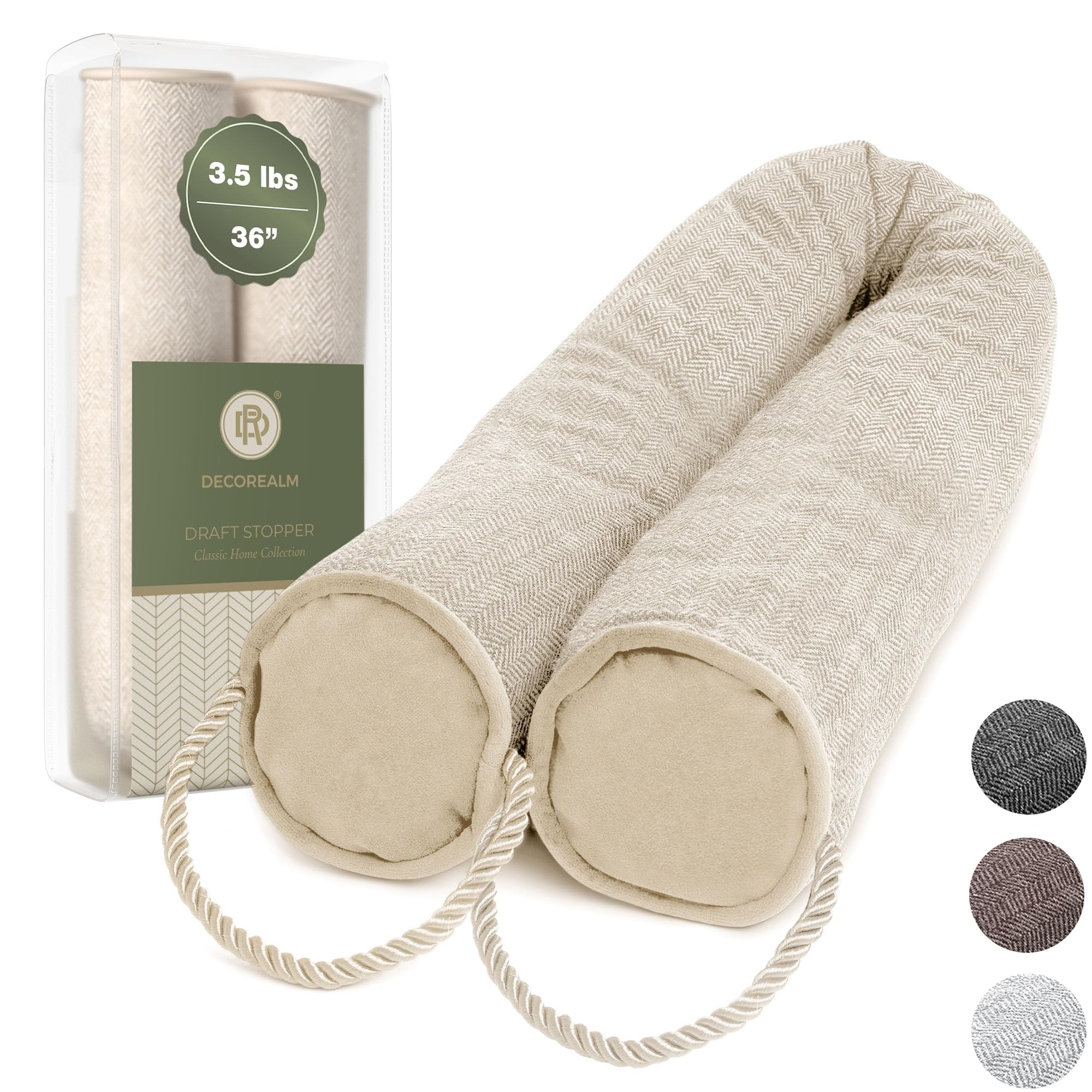 DECOREALM Decorative Door Draft Stopper - Heavy Duty, Fabric, Beige, 3.5 lbs, 36” - Air, Light and Smoke Blocker for Home Windows