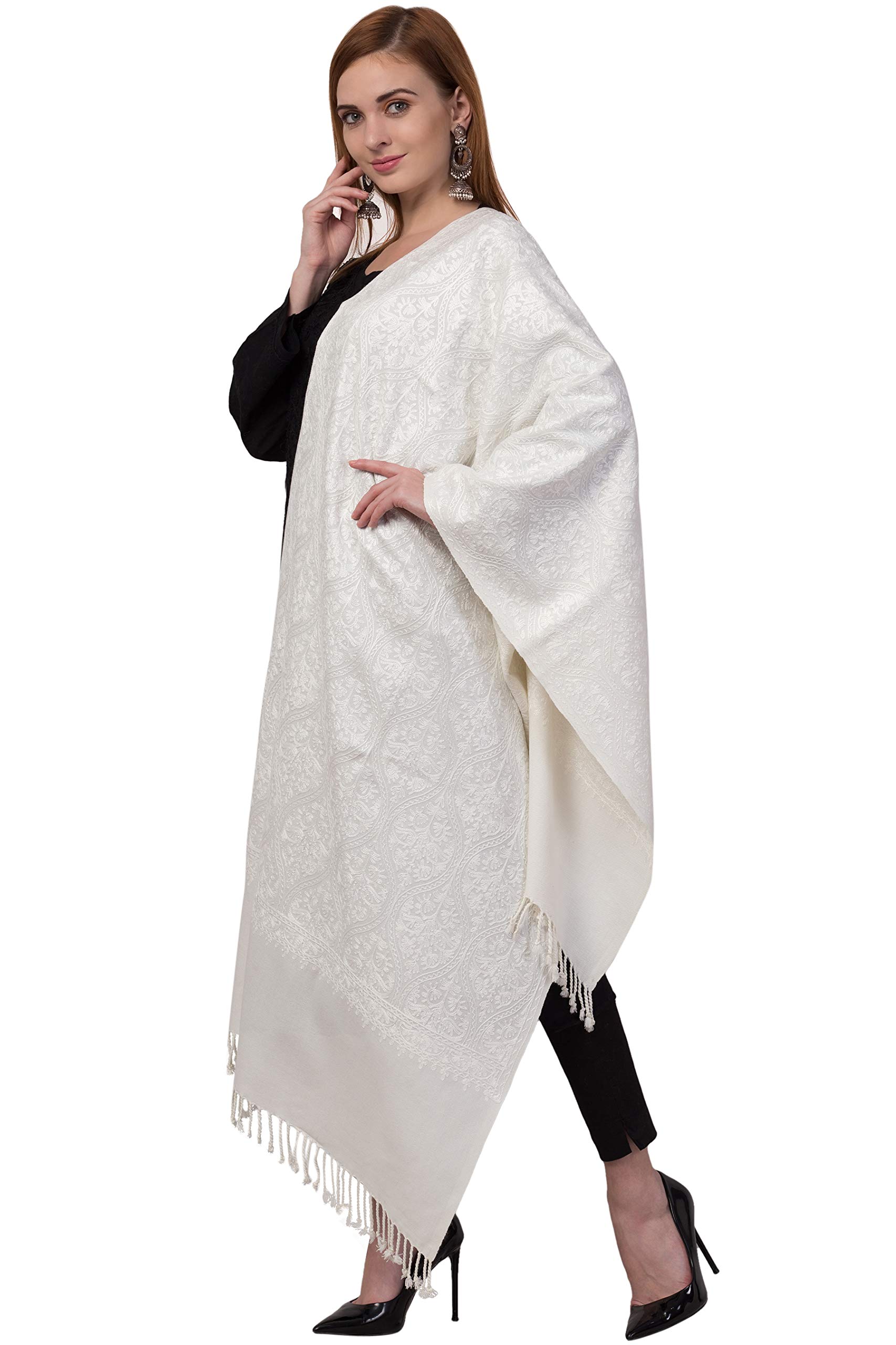 tweedle Women's Cashmilon Wool Kashmiri Aari Embroidery Stole/Shawl/Wrap for Winter Medium Size (28 x 80 Inches) White 2
