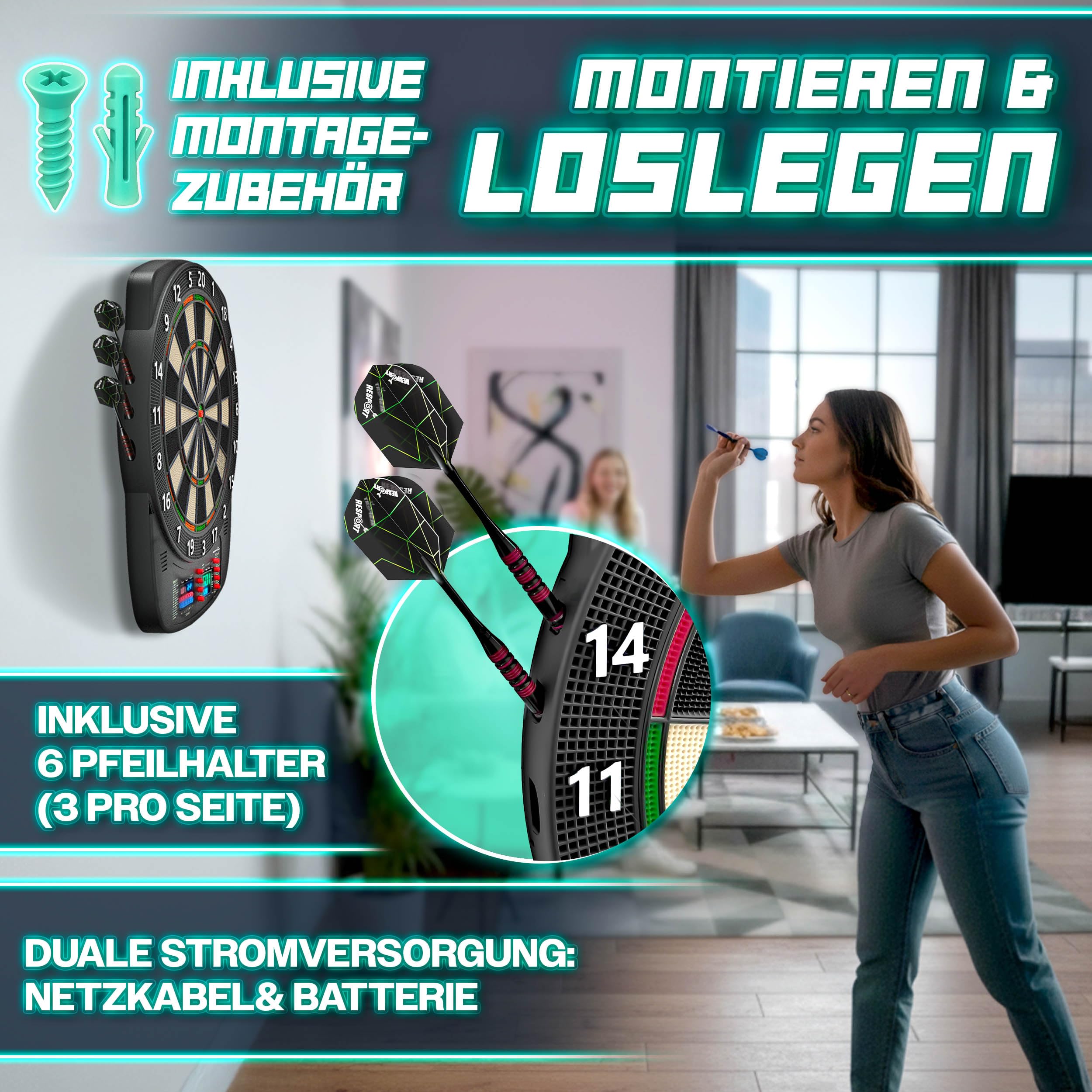 RE:SPORT® Dartscheibe Elektronisch Profi Set mit 12 Pfeilen + 24 Pro Flights + 100 Pfeilspitzen & Zubehör | E Dartautomat für 1–8 Spieler mit 427 Varianten | Elektrisches Dartboard mit LED Anzeige