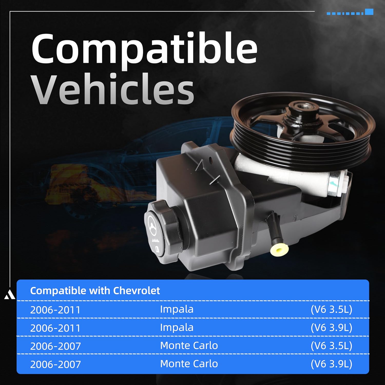 Power Steering Pump with Pulley, 2006-2011 for Chevy Impala, 2006-2007 for Chevy Monte Carlo, V6 3.5L/3.9L, Replace 20-69989, 2069989, 63139N, 88964571, 15267585