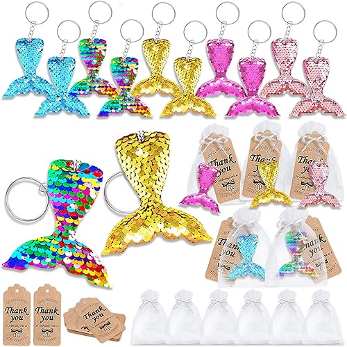 CiciBear Juego de 60 llaveros de lentejuelas de sirena con 20 llaveros de cola de sirena, 20 etiquetas de agradecimiento y 20 bolsas para recuerdos