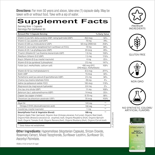 Miniatura 3 de Smartypants Multivitamínico para hombres 50 Plus Omega-3 Dha zinc para la inmunidad vitaminas D3 C B6 B12 vitamina A para ojos folato selenio una