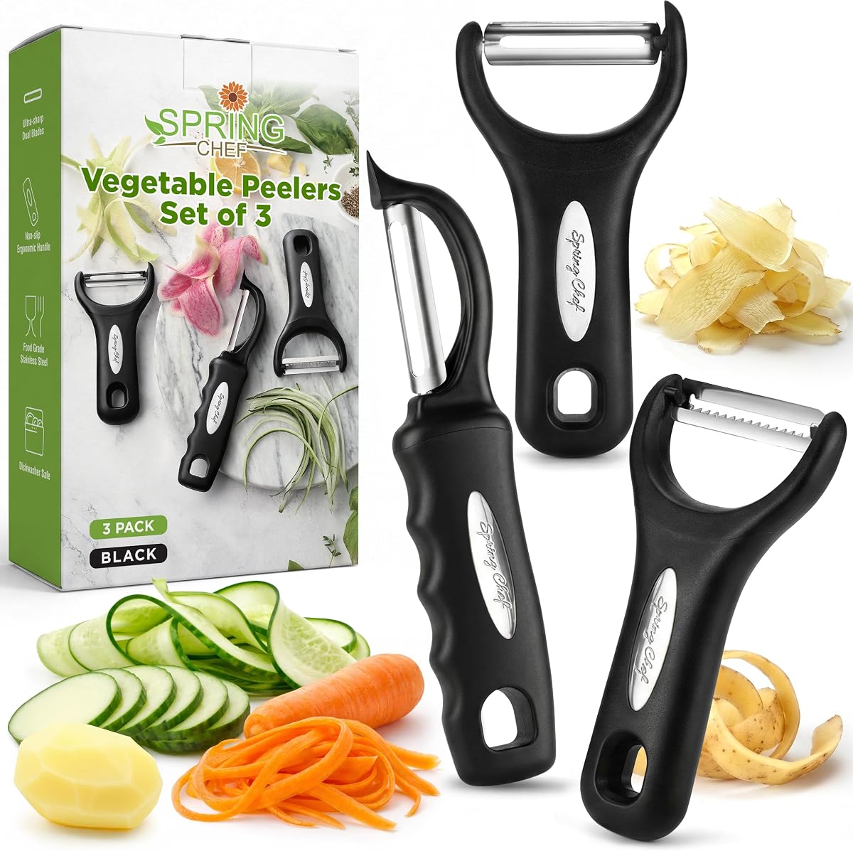 3pcs Vegetable Peelers for Kitchen, Swivel, Y & Julienne Peeler | Premium Stainless Steel Potato Peelers with Soft Grip Handles, Ultra Sharp Blades for Fruits, Veggies, Apples, Carrots