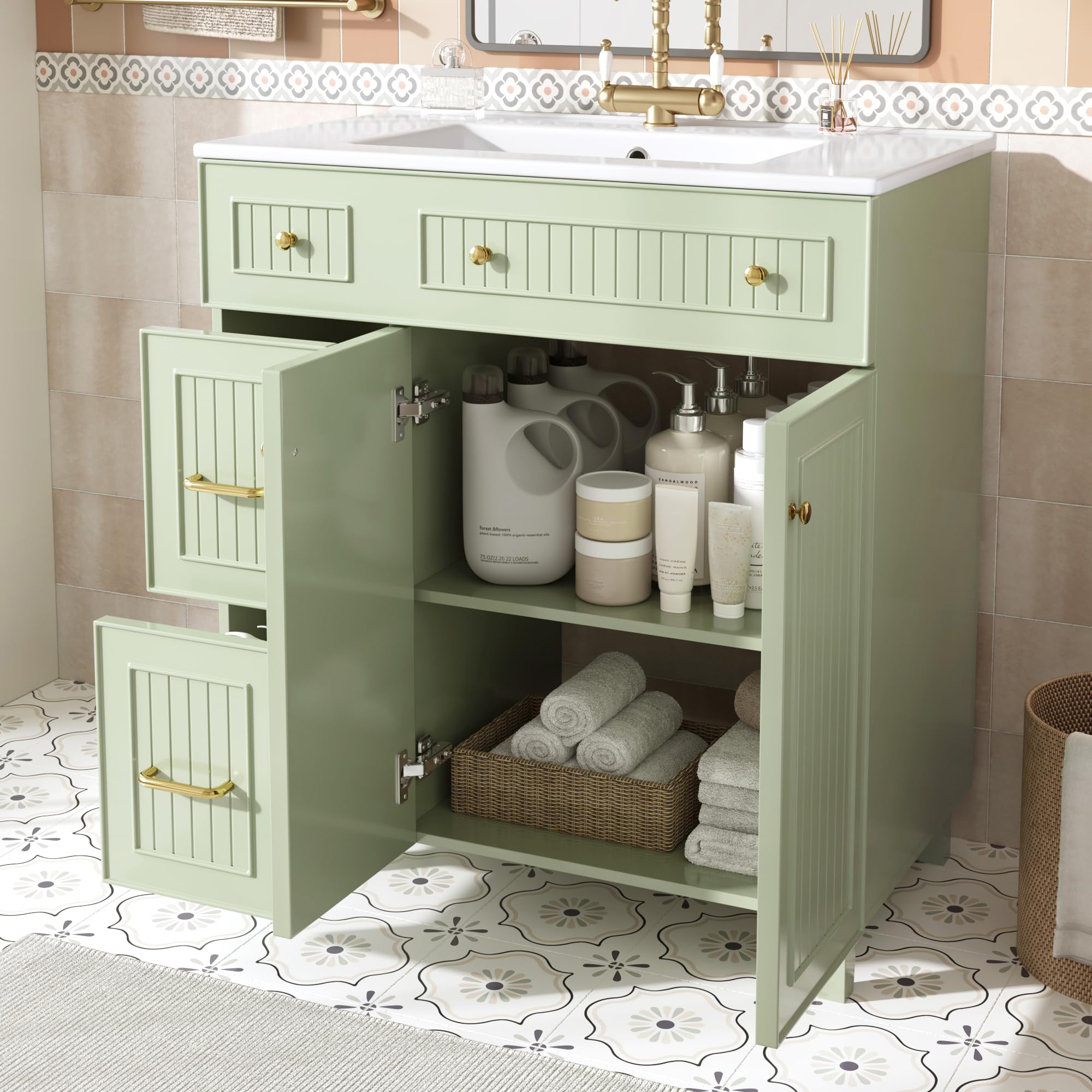 Armario de baño con lavabo, 81,7 cm, armario de baño de pie con tocador de cerámica, superficie lacada, espacio de almacenamiento multifuncional y patas de madera maciza en diseño moderno de