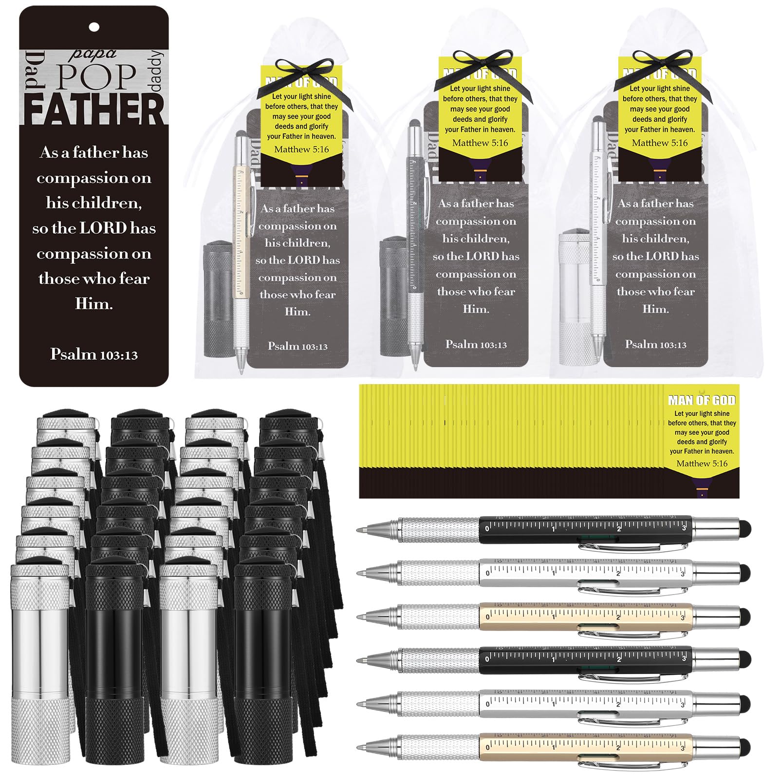 30 Sets Man of God Fathers Day Pocket Flashlight Gift for Church Christian Mini Pocket Flashlight Gift Metal 6 in 1 Pen with Bookmark Bible Card Storage Bags Thank You Present for Dad Husband