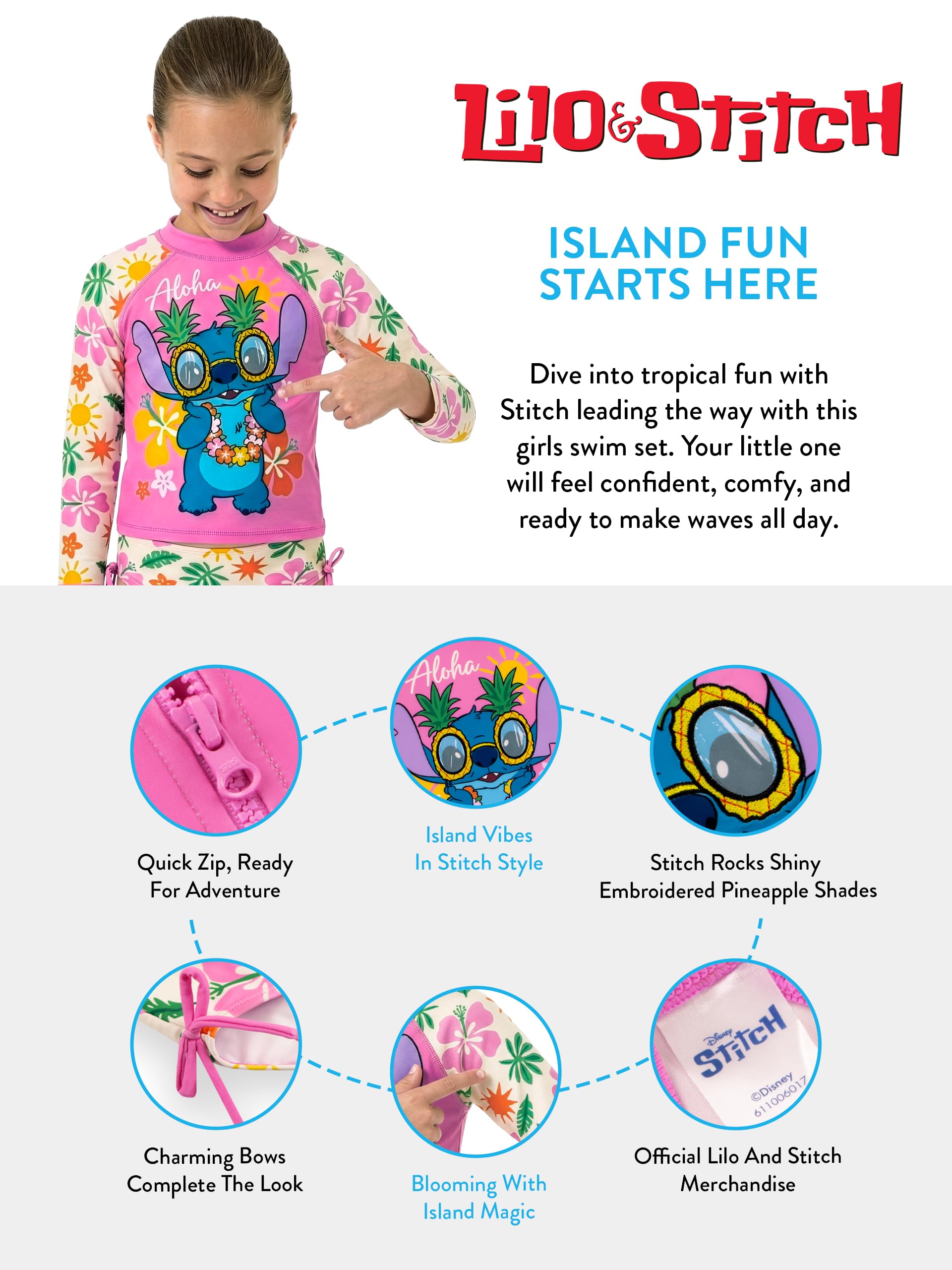 Disney Maillot de Bain Filles Lilo et Stitch, Maillot De Bain Piscine 2 Pièces Lilo à Manches Longues avec Arcs, Stitch Vetement Fille