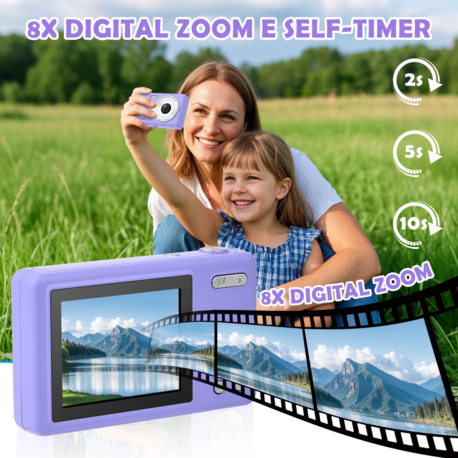 Macchina Fotografica Digitale con Scheda 64GB, 1080P 40MP Fotocamera Digitale Compatta con Zoom 8X Flash, Fotocamere Digitali Per Bambini Adolescenti Adulto Principianti (Viola)