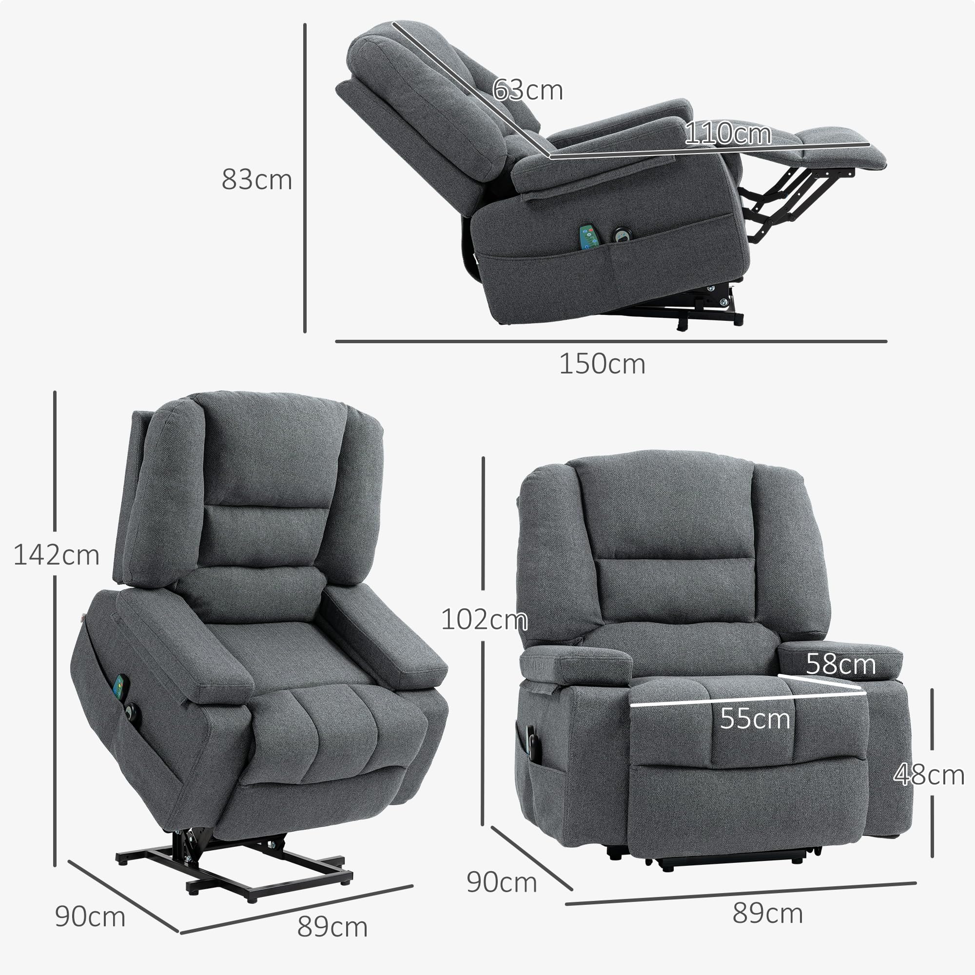 HOMCOM Poltrona Elettrica Alzapersona Reclinabile con 8 Punti Massaggio, Poltrona Relax Elettrica con Braccioli Ripiegabili, Poggiapiedi Riscaldato, Tessuto Effetto Lino, Grigio