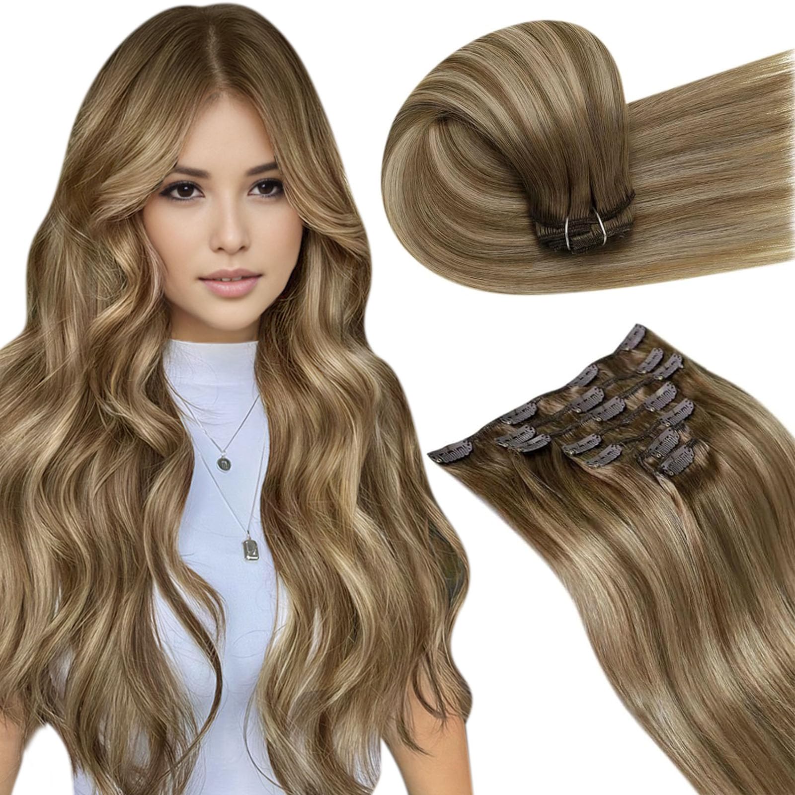 LaaVoo Hair Extensions Clip in Real Human Hair Brown Clip in Hair Extensions Dark Brown Full Head 16 Inch 120g 7pcs Remy Straight Hair Double Weft #4 — view 19