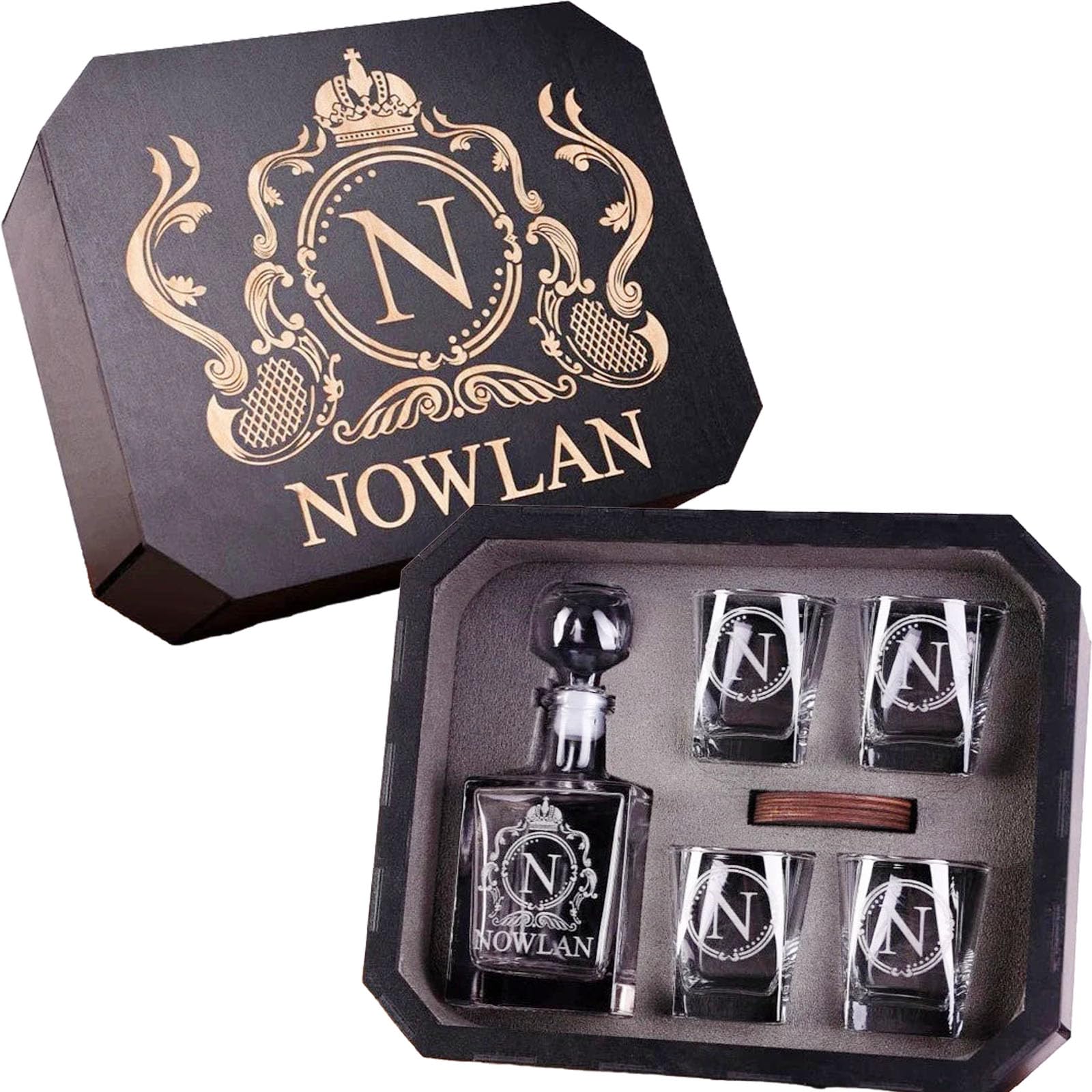 Personalized Whiskey Decanter Set for Men Rectangle Wooden Box Whiskey Glasses Custom Liquor Decanter for Husband Dad Boyfriend Birthday Christmas Whiskey Gifts