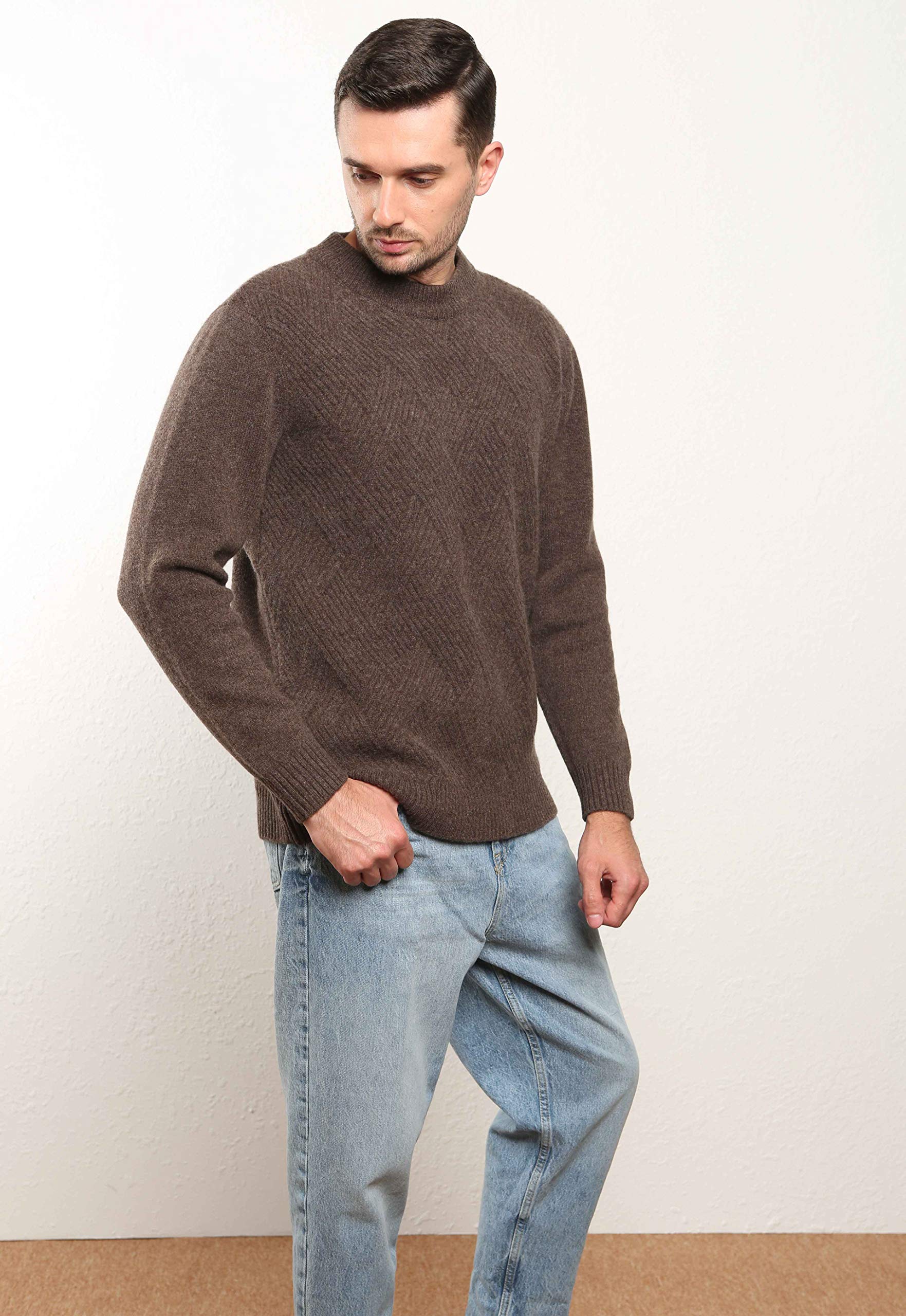 Jersey 100% Merino para Hombre Suéter de Punto Trenzado con Cuello Redondo y Manga Larga Casual Lana de Invierno