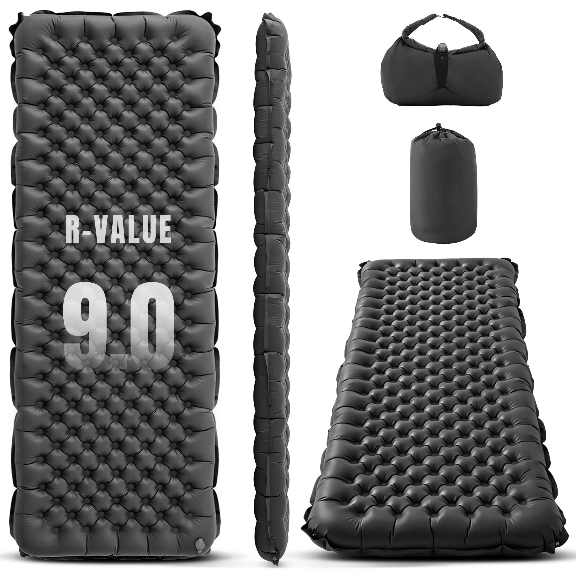 Lamberia 9.0 R Value Self Inflating Sleeping Pad, 5" Thick Ultralight Camping Mattress with Pump Sack, 4-Season Insulated Sleeping Mat for Cold Weather Backpack, Hike, Camping, Outdoor(Grey, Single)