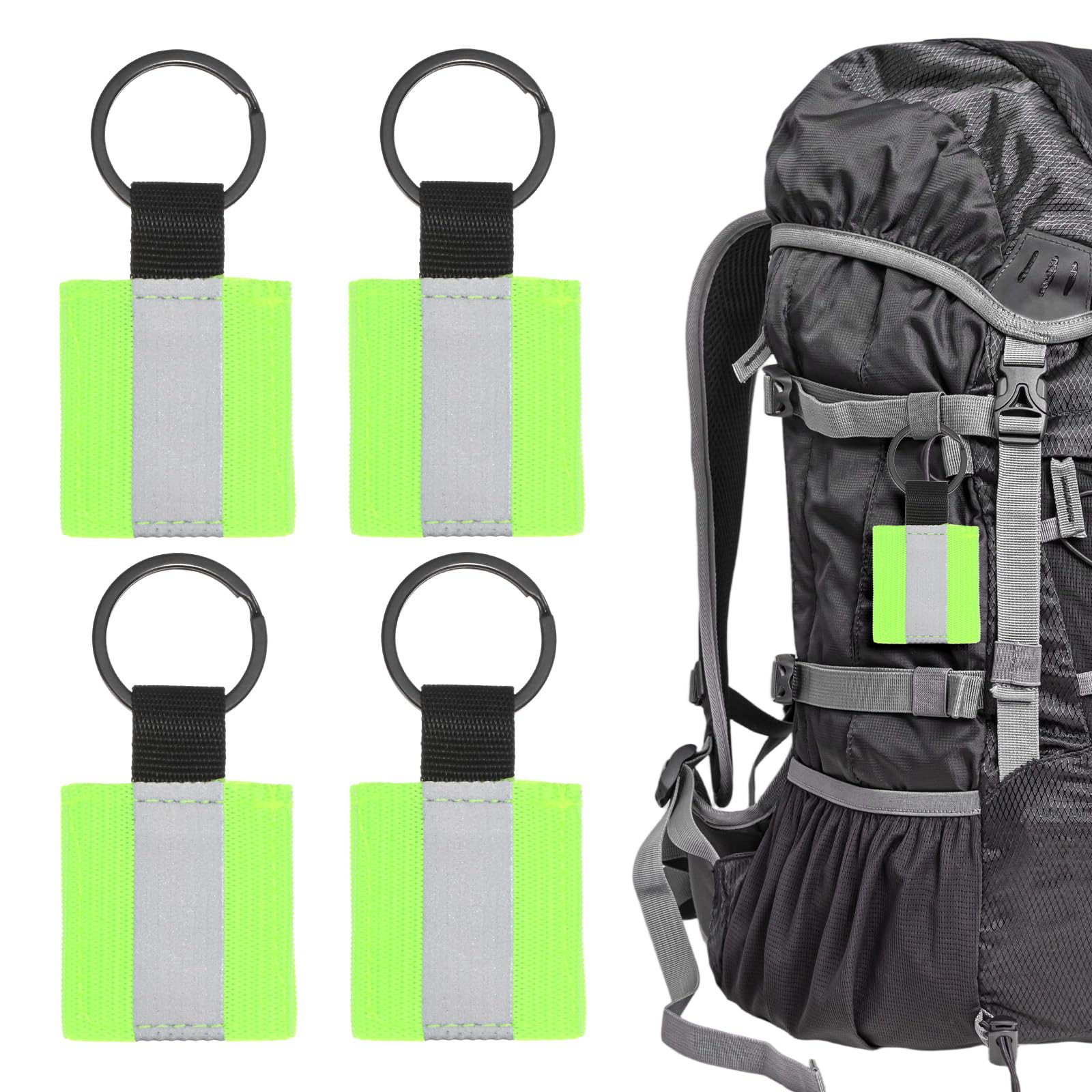 TIXIPEM Safety Reflector Pendants [4PCS] - Fabric Reflective Safety Keychain Gear Use for Backpack & Running & Cycling - [Fluorescent Green-2.8IN/7CM] Double-Sided Reflective Tags