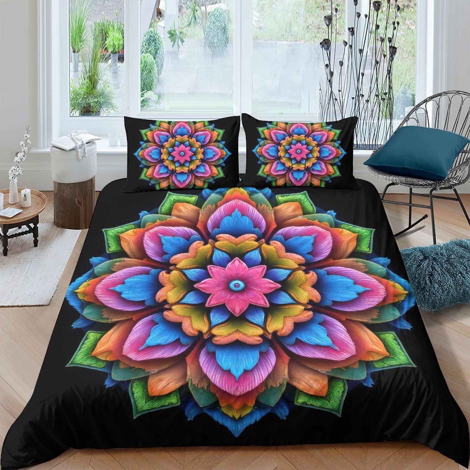GPLZQXKJNH 3D Printed Mandala Flower Duvet Cover Microfiber Soft Breathable Kaleidoscope Quilt Cover Set with 2 Pillowcases for Bedroom Decor Single（135x200cm）