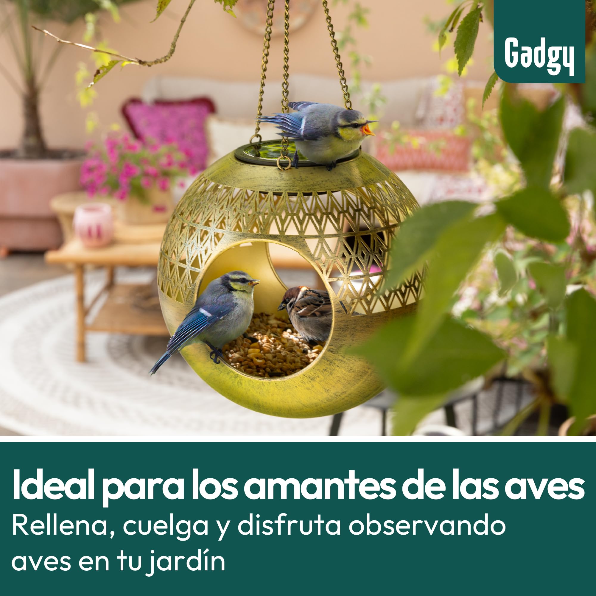 Gadgy Comedero Solar para pájaros Colgante – Diseño Redondo Moderno de Metal – Comedero para pájaros 360° con iluminación Solar – Casa para pájaros Impermeable para jardín, balcón, terraza - 2