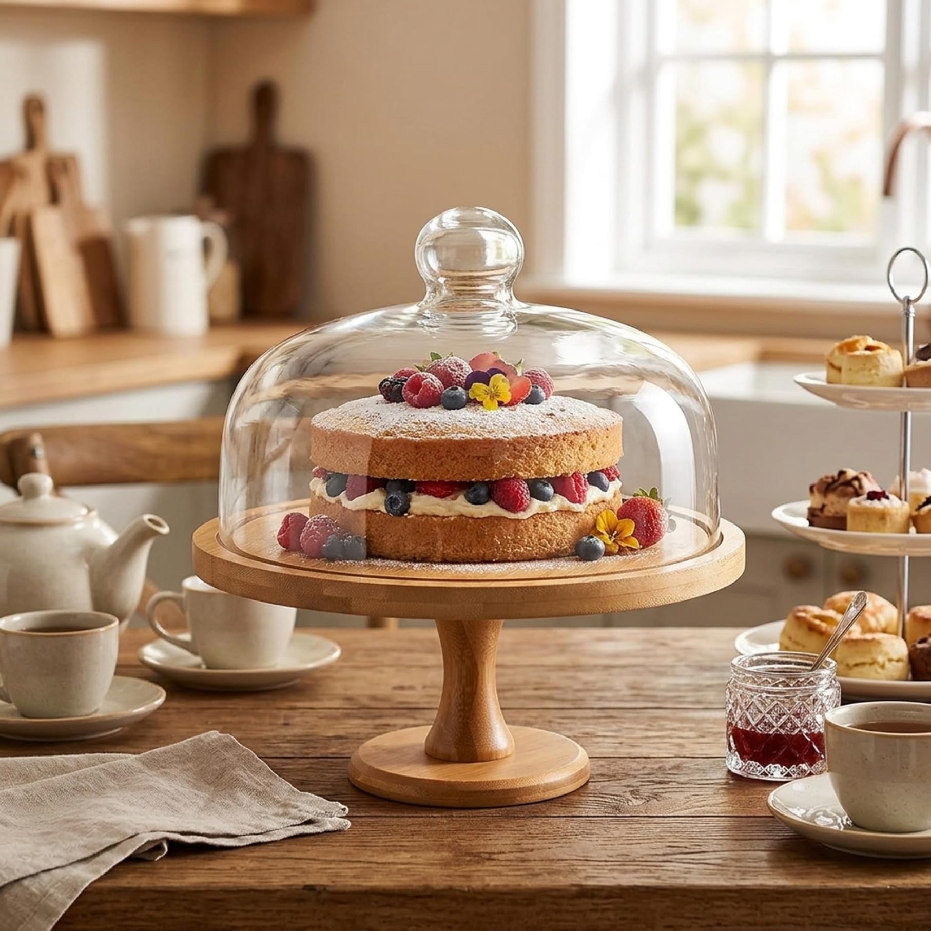 Soporte para Tartas con Tapa abovedada, Soporte de Madera de 30 cm con Cubierta de Cristal para Bodas y Fiestas, Resistente de Varios Pisos con Patas Altas para postres y Magdalenas
