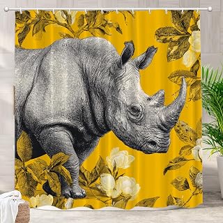 Batmerry Cute Rhinoceros Decor Shower Curtain, Yellow Background Rhino and Flowers Bathroom Decor Polyester Fiber Plastic Rings Quick-Drying Waterproof for Bathtubs/Bathroom, 72x72 inches