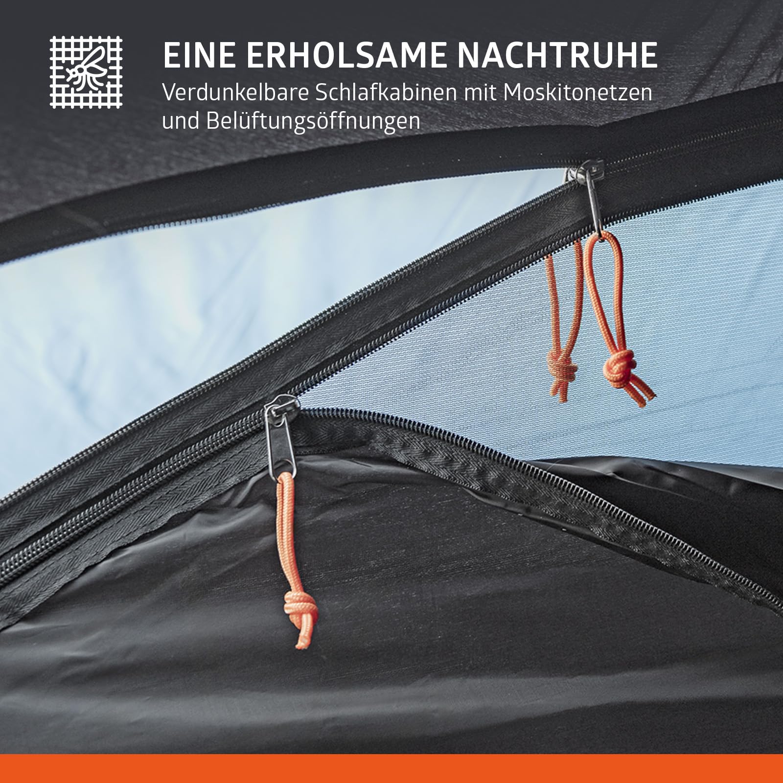 Campout 4-Personen Vis-à-Vis Kuppelzelt – 2 Schlafkabinen – 5000 mm Wassersäule – Wohnbereich – Aufbauzeit 15 Min – inkl. Vordachstangen, Heringen & Tragetasche