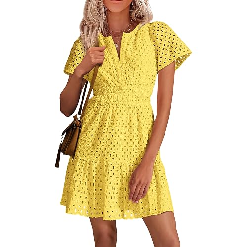 PRETTYGARDEN Womens 2025 Summer Short Dress V Neck Short Sleeve A Line Hollow Out Lace Ruffle Cute Casual Beach Party Dresses