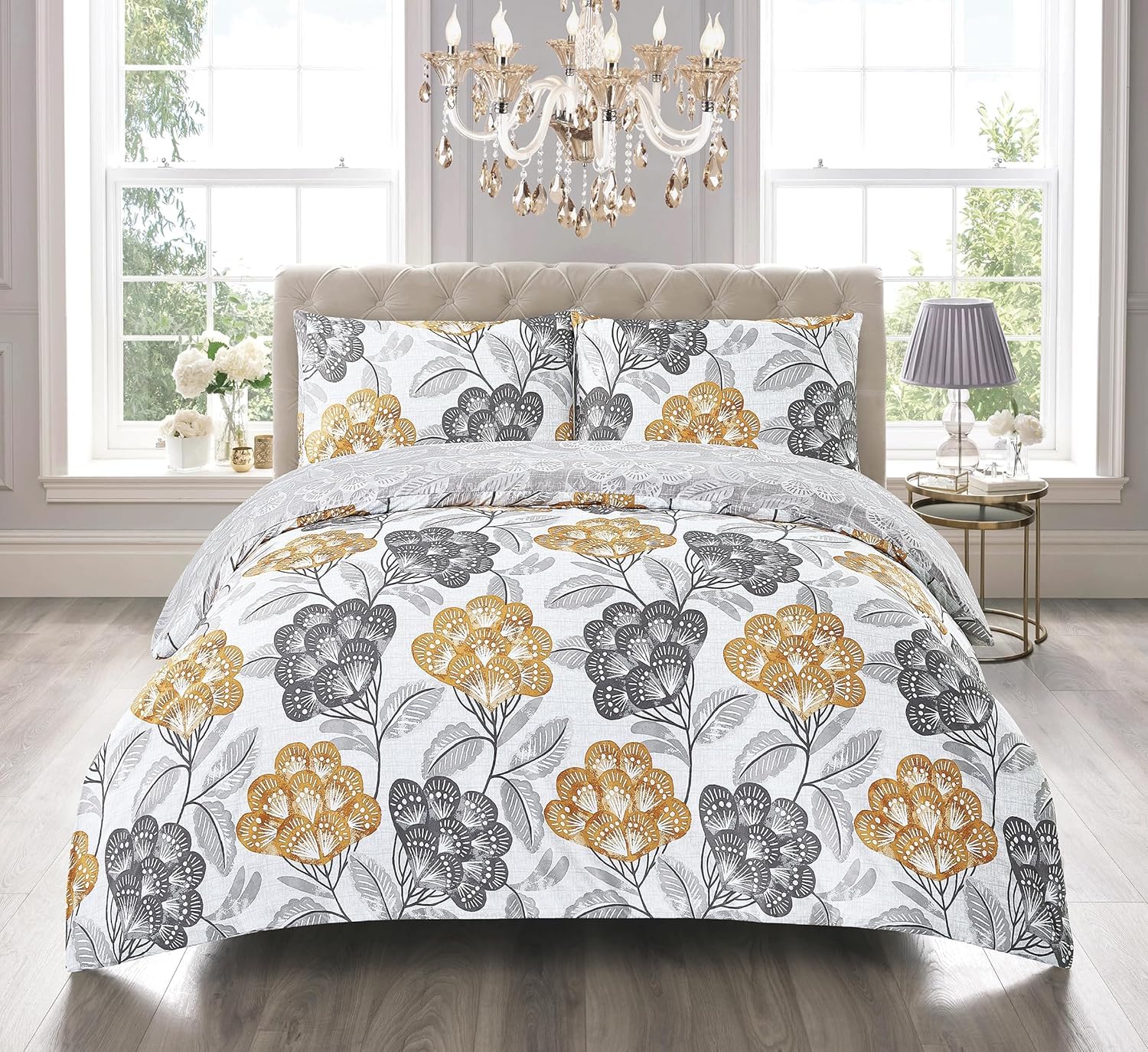 BQC Duvet Cover Set 3 Piece Microfibre Quilt Cover with Pillow Cases, Ultra Soft Easy Care Machine Washable Bedding Set (Bloom Ochre, Double) — image 1