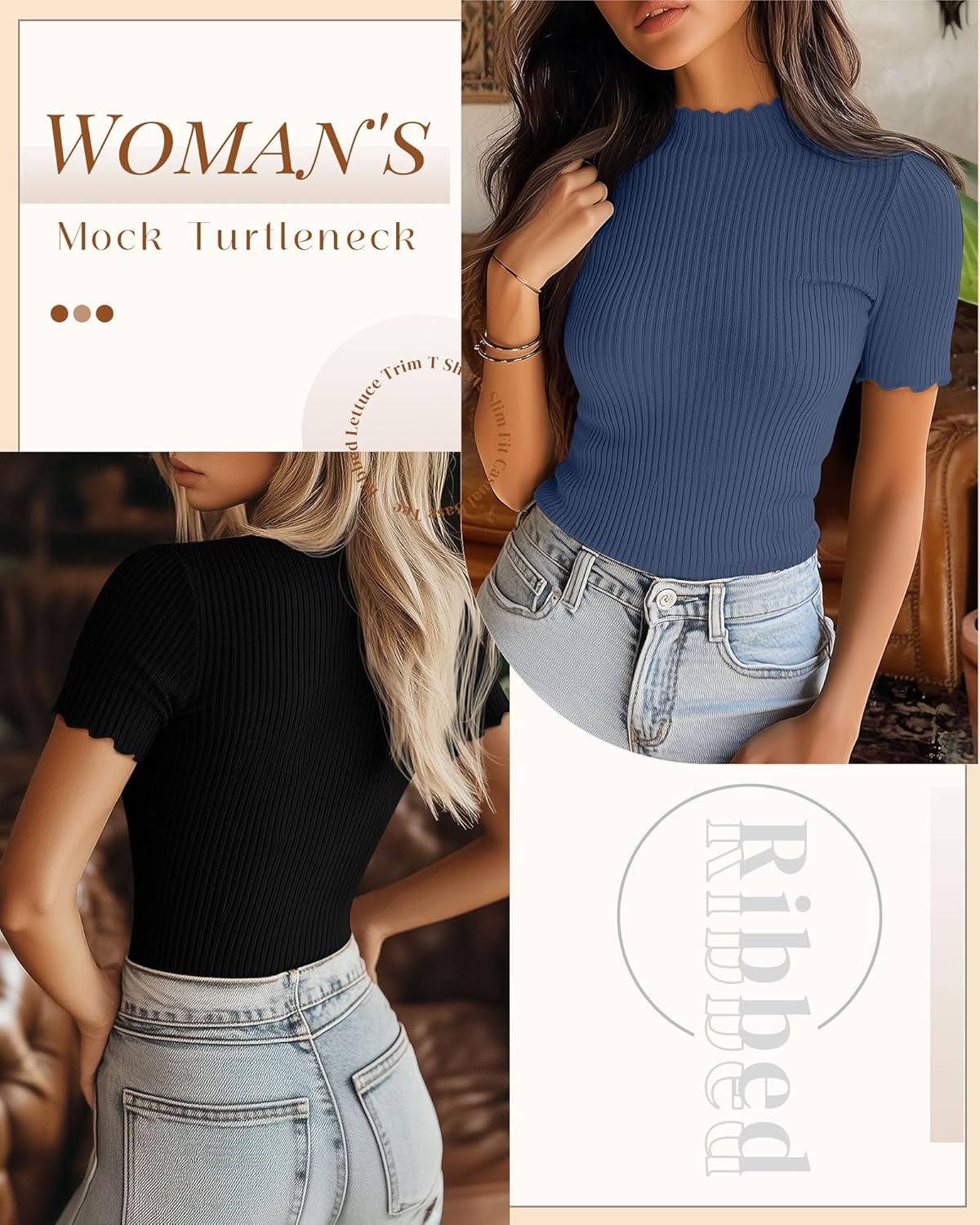 Huukeay 3 Pack Women's Mock Turtleneck Short Sleeve Tops Ribbed Cotton Lettuce Trim T Shirts Slim Fit Casual Base Tee - Image 4