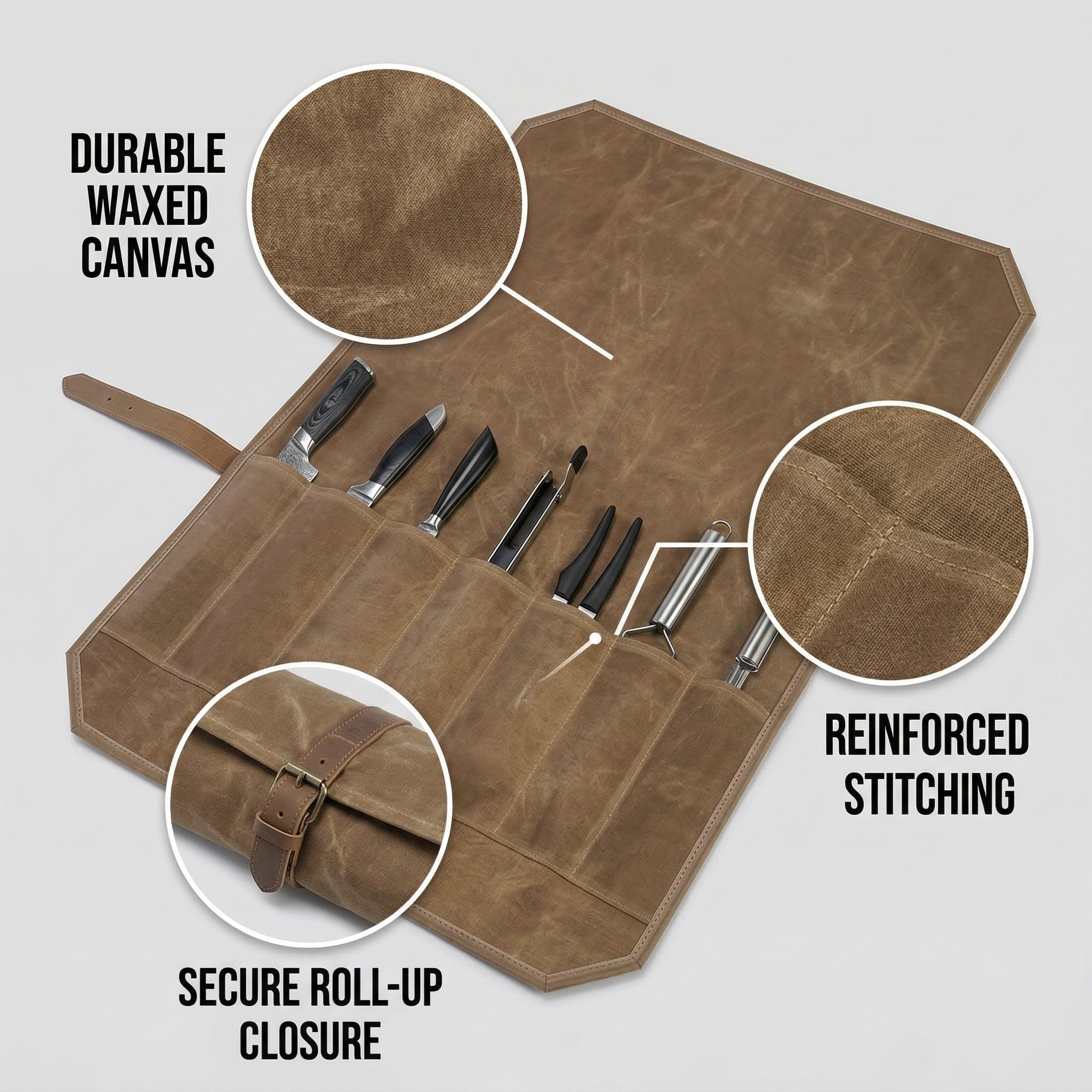 HAGNA 1 Pezzi Borsa Porta Coltelli Da Chef, Borsa Coltelli Con 7 Fessure, Custodia Per Attrezzi, Borsa Di Utensili Di Cucina, In Tela Cerata, Impermeabile, Cachi, 56 * 45Cm