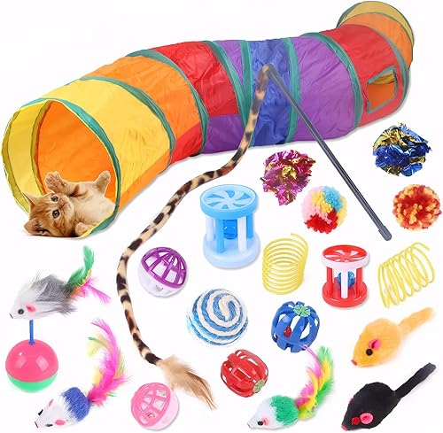 Juego de túnel de juguete para gatos de interior - 20 túneles y tubos plegables para gatos, varita interactiva de plumas, bolas, juguetes para