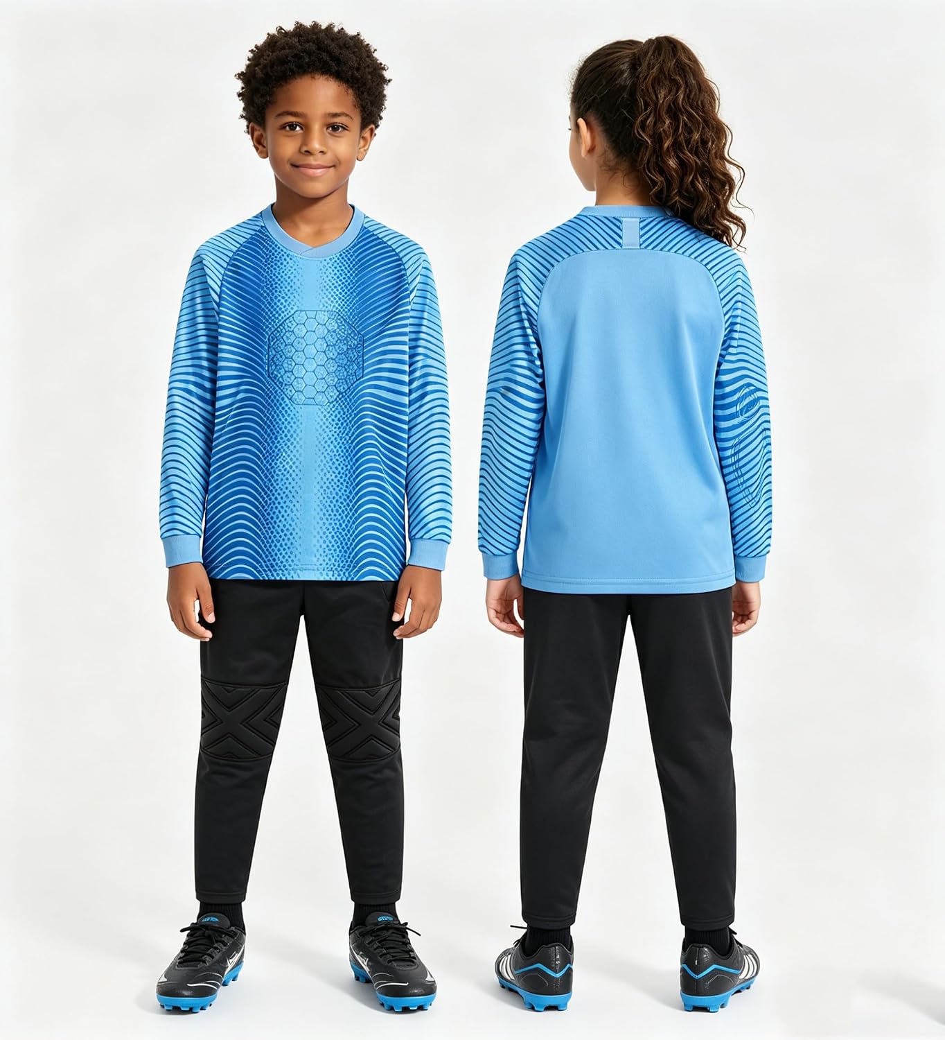 Boys Padded Goalie Soccer Jersey and Pants Long Sleeve Goalkeeper Uniform Kit for Kids and Youth