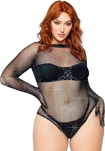 Leg Avenue Plus Size Long Sleeve Fishnet Bodysuit for Women Rhinestone Black 1X-2X
