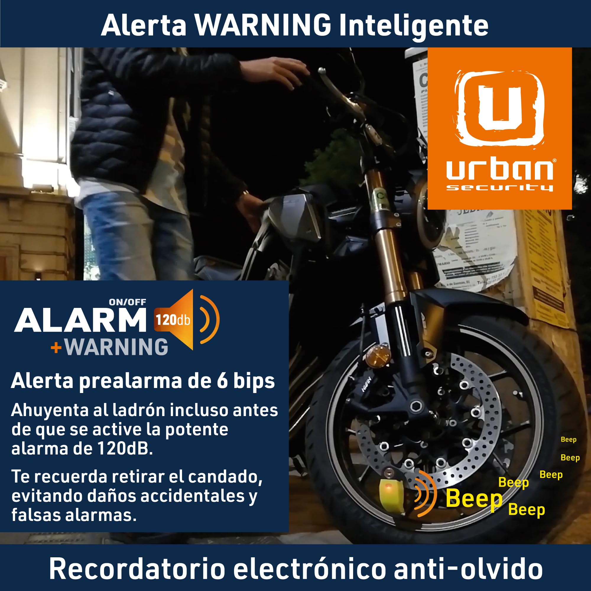 URBAN UR6 Candado Moto con Alarma Inteligente | Antirrobo Disco Más Eficaz | Hi-Tech, 120db, LED, Warning Sensibilidad A+, Pila CR2 Larga Duración, Más Impermeable, Pinza 6mm Universal Scooter Bici